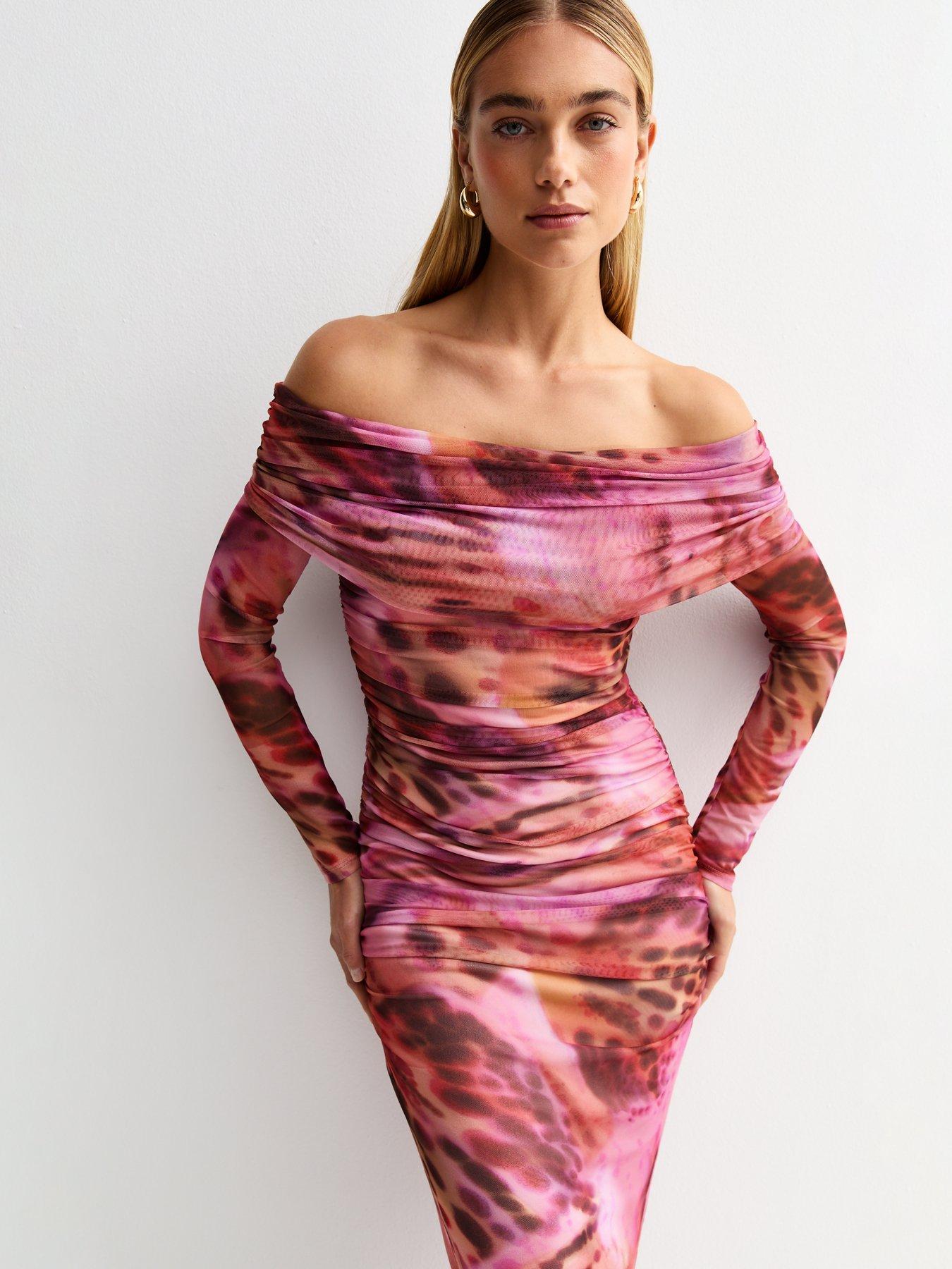 Image of New Look Butterfly Print Mesh Bardot Midi Dress - Pink