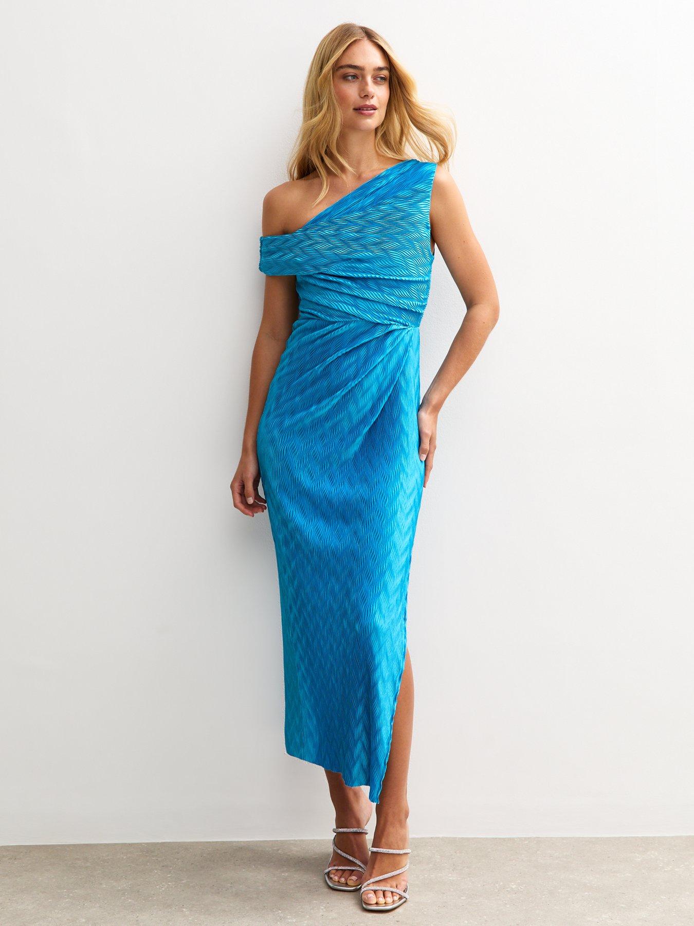 New Look Textured One Shoulder Slit Hem Midi Dress - Bright Blue