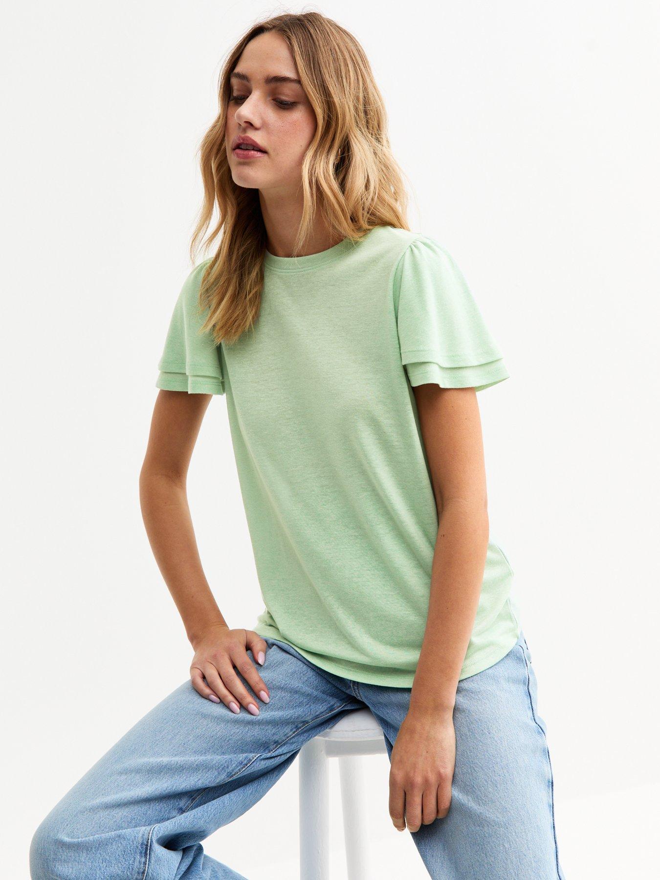 Image of New Look Flutter Sleeve T-Shirt - Light Green