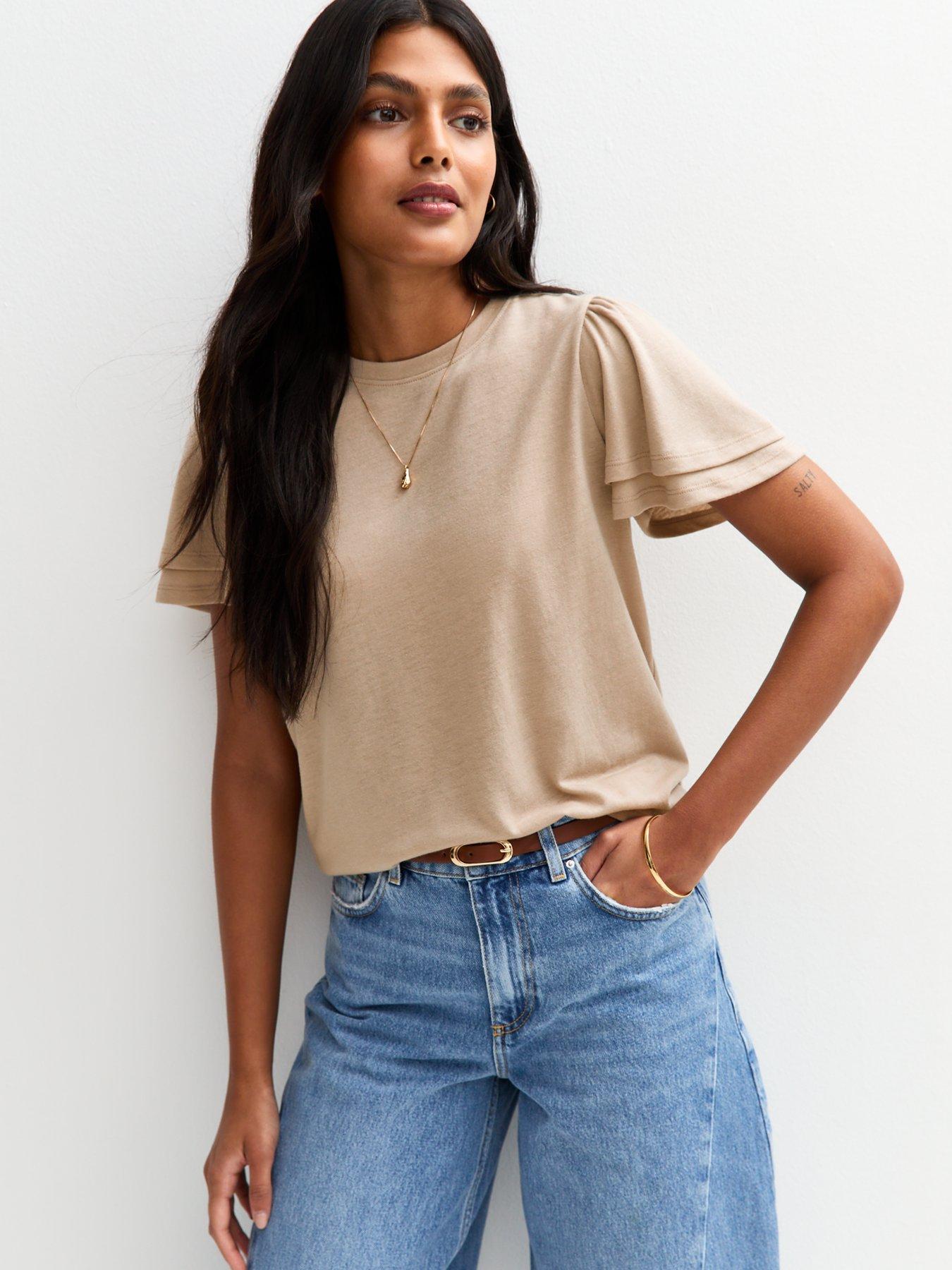 Image of New Look Mink Flutter Sleeve T-Shirt - Grey