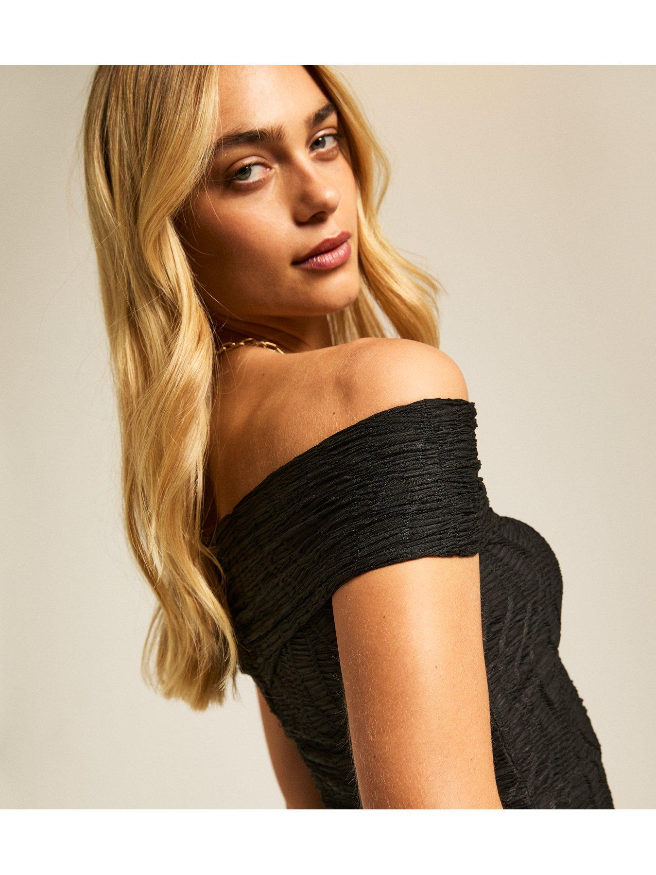 new-look-textured-bardot-midi-dress-blackoutfit