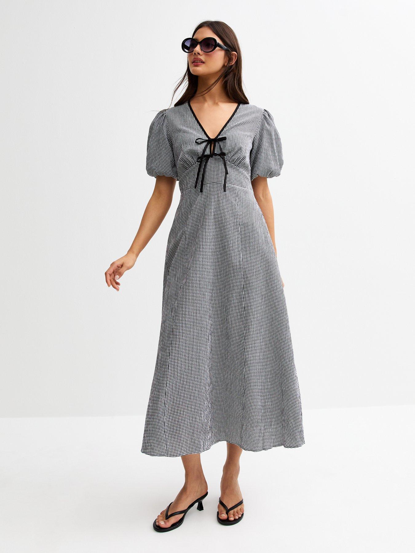 Image of New Look Gingham Check Tie Neck Midi Dress - Black