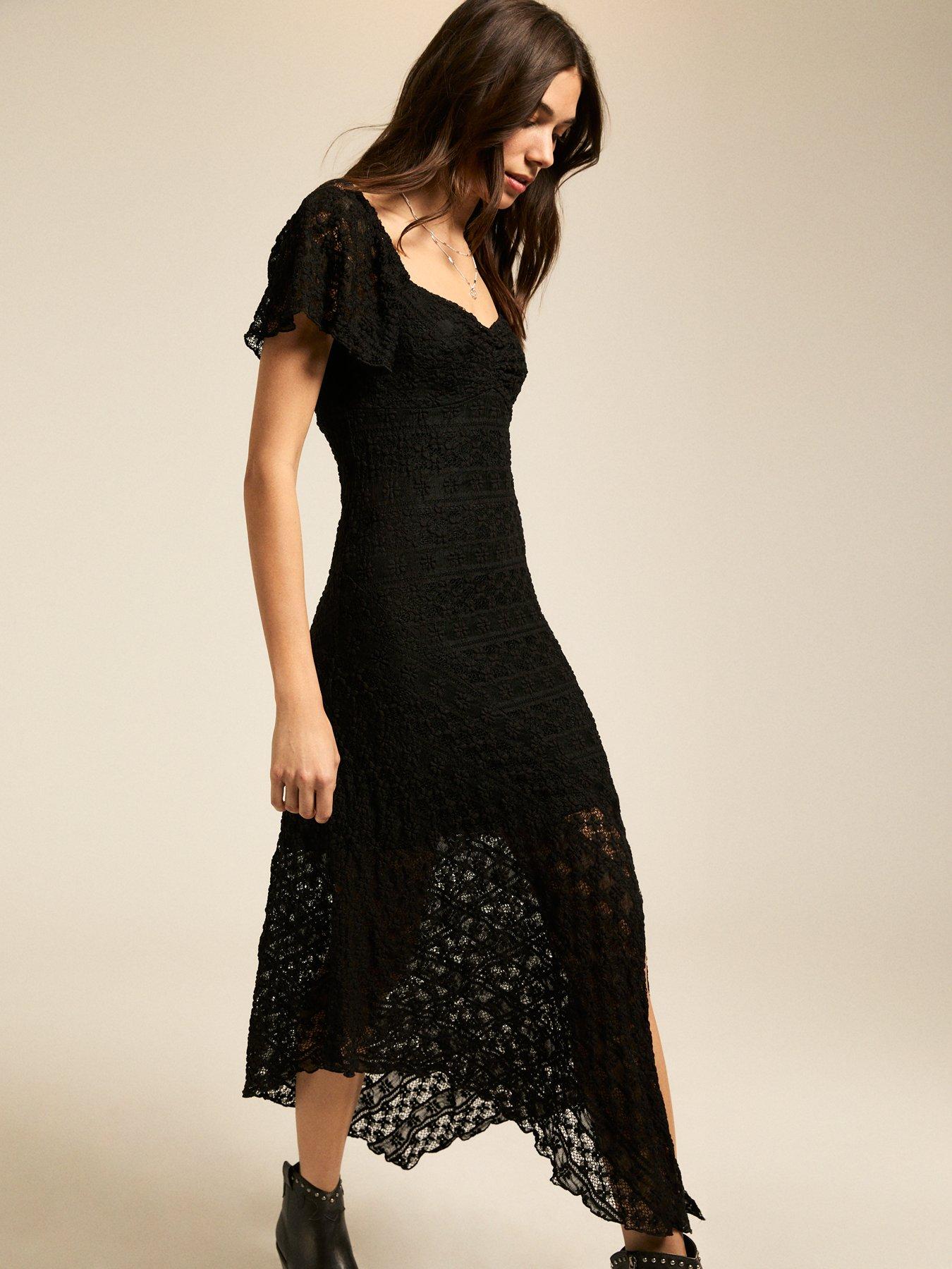 Image of New Look Asymmetric Hem Lace Midi Dress - Black