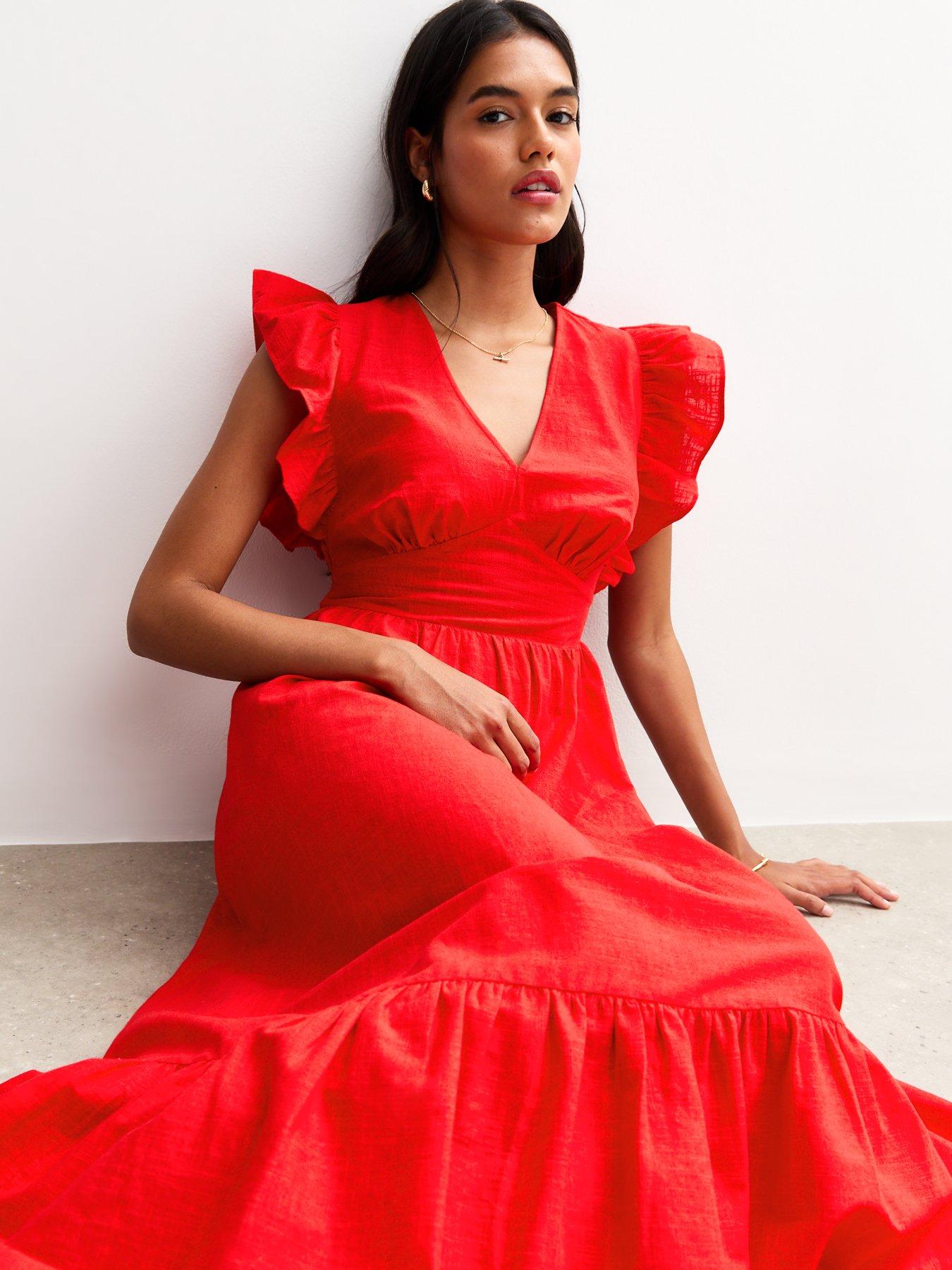 Image of New Look Textured Cotton Frill Sleeve Tiered Midi Dress - Bright Red