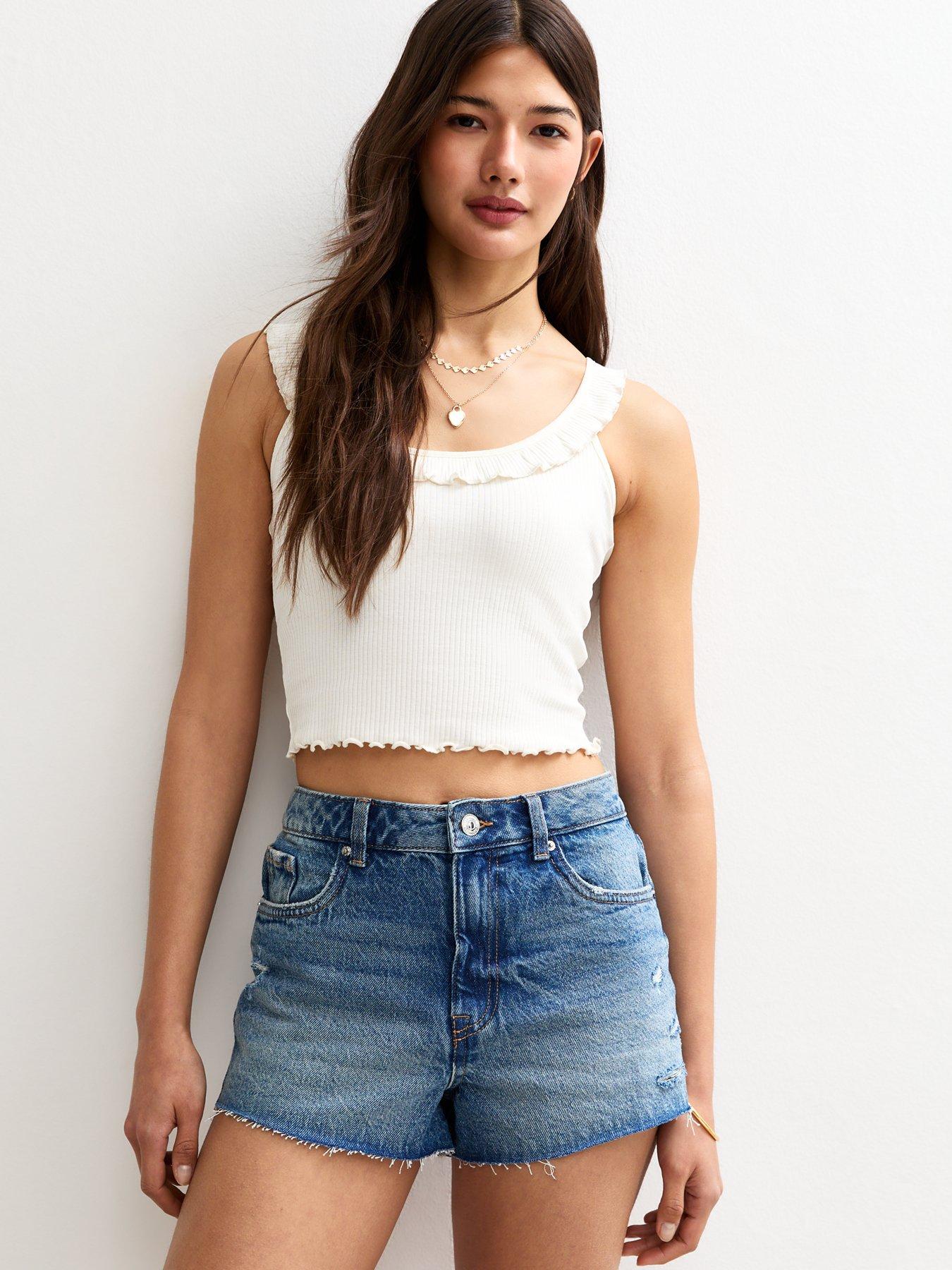 undefined Frayed Hem Denim Shorts - Blue