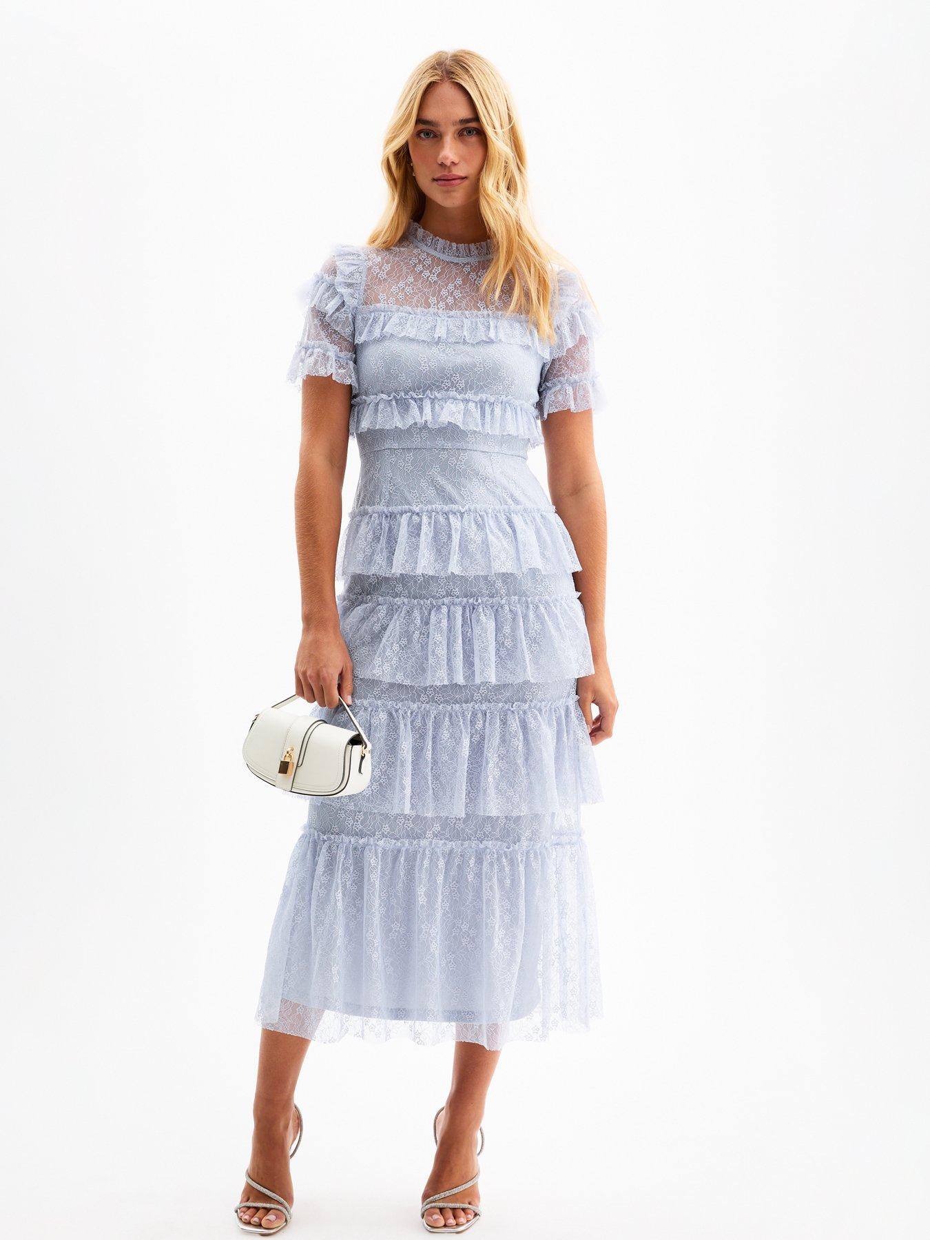 Image 1 of 6 of New Look Lace Tiered Ruffle Midi Dress - Light Blue