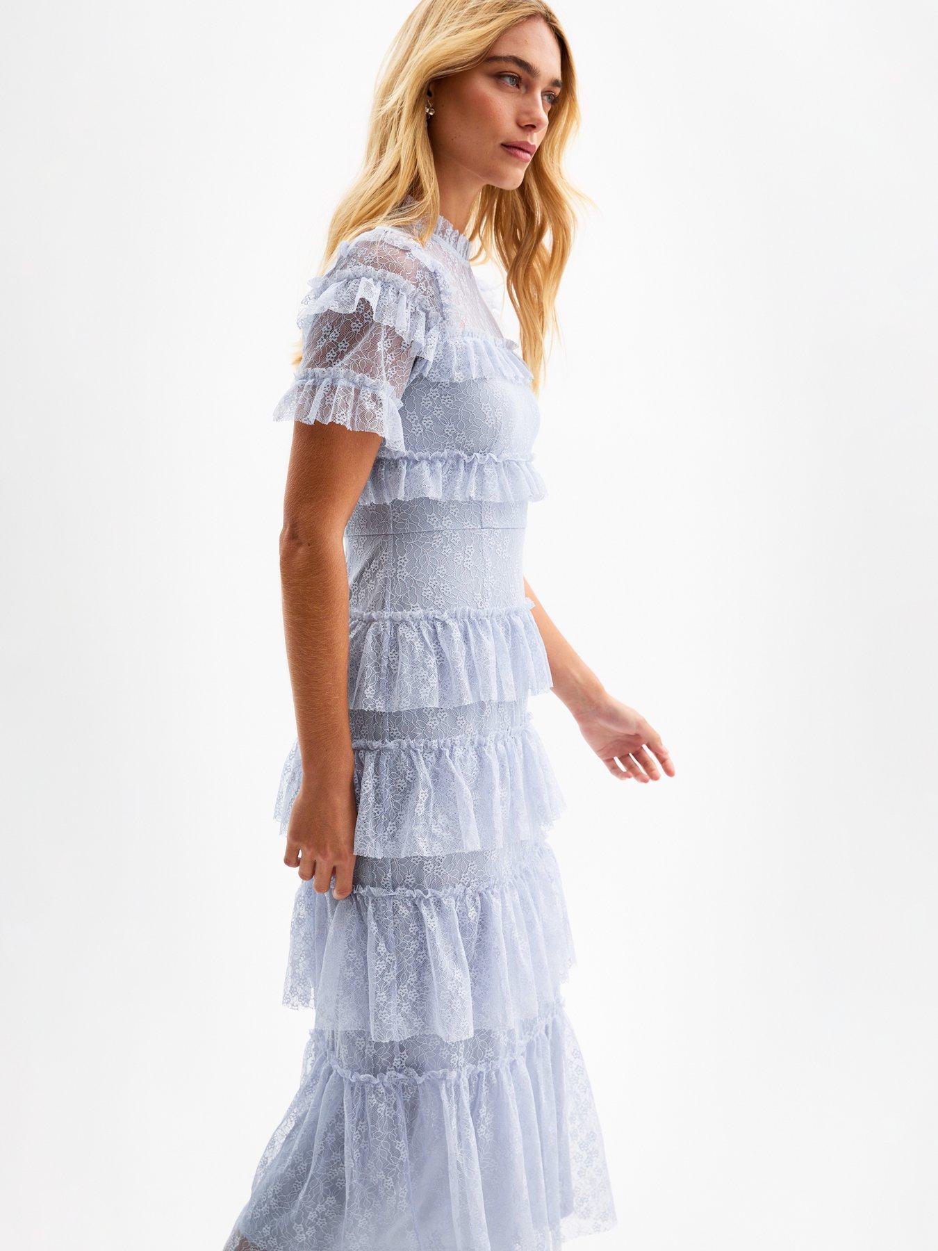 Image 3 of 6 of New Look Lace Tiered Ruffle Midi Dress - Light Blue