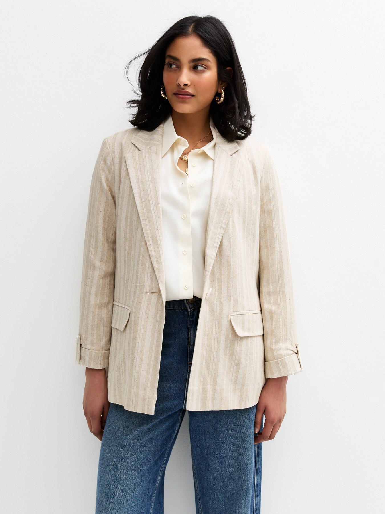 Image of New Look Button Front Striped Tailored Blazer - Cream
