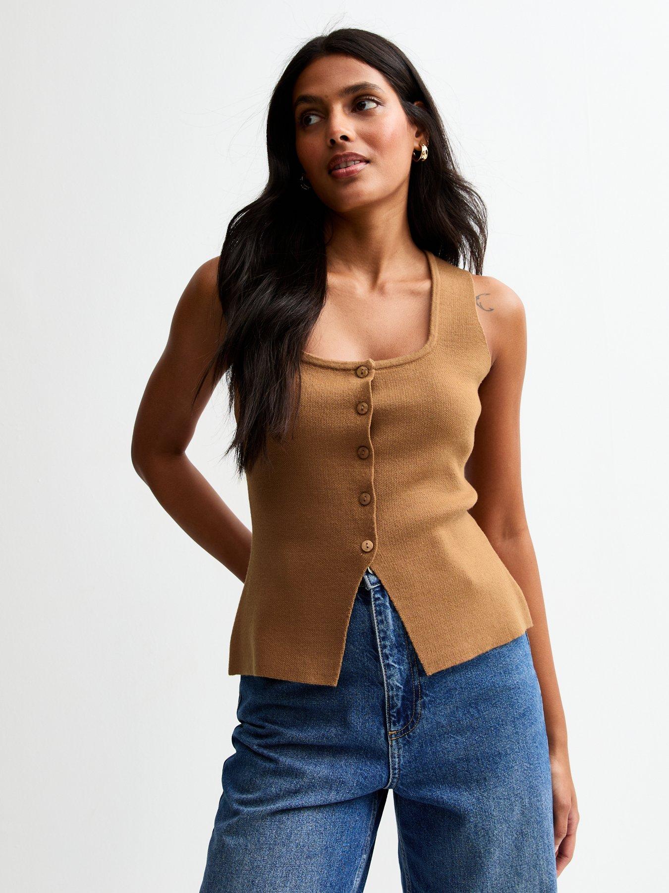 Image of New Look Tan Compact Knit Square Neck Waistcoat - Brown