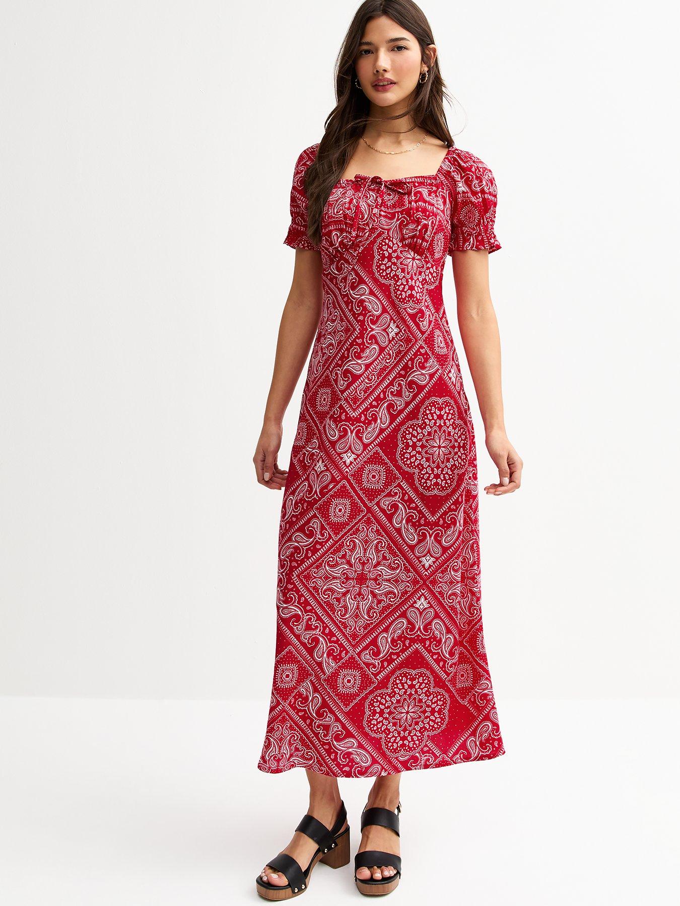 new-look-tile-print-square-neck-midi-dress-redfront