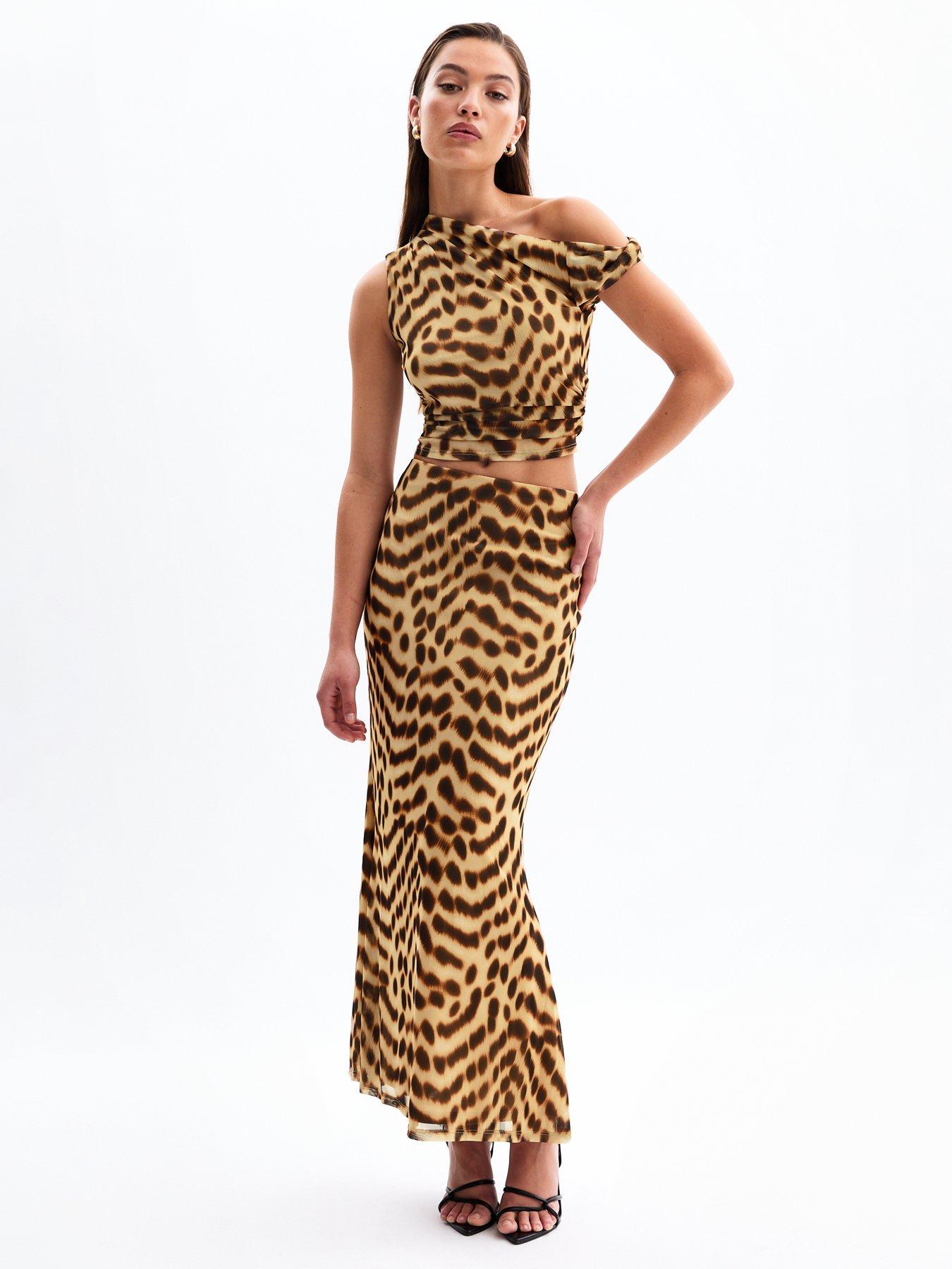 New Look Leopard Print Mesh Midi Skirt - Brown
