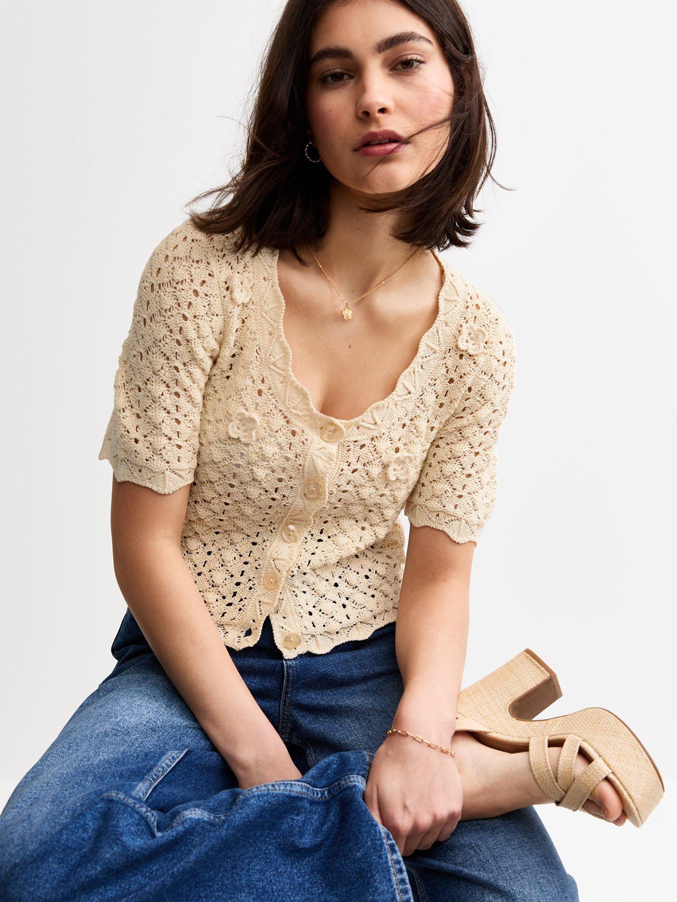 Image of New Look Open Knit Floral Appliqued Cardigan - Cream