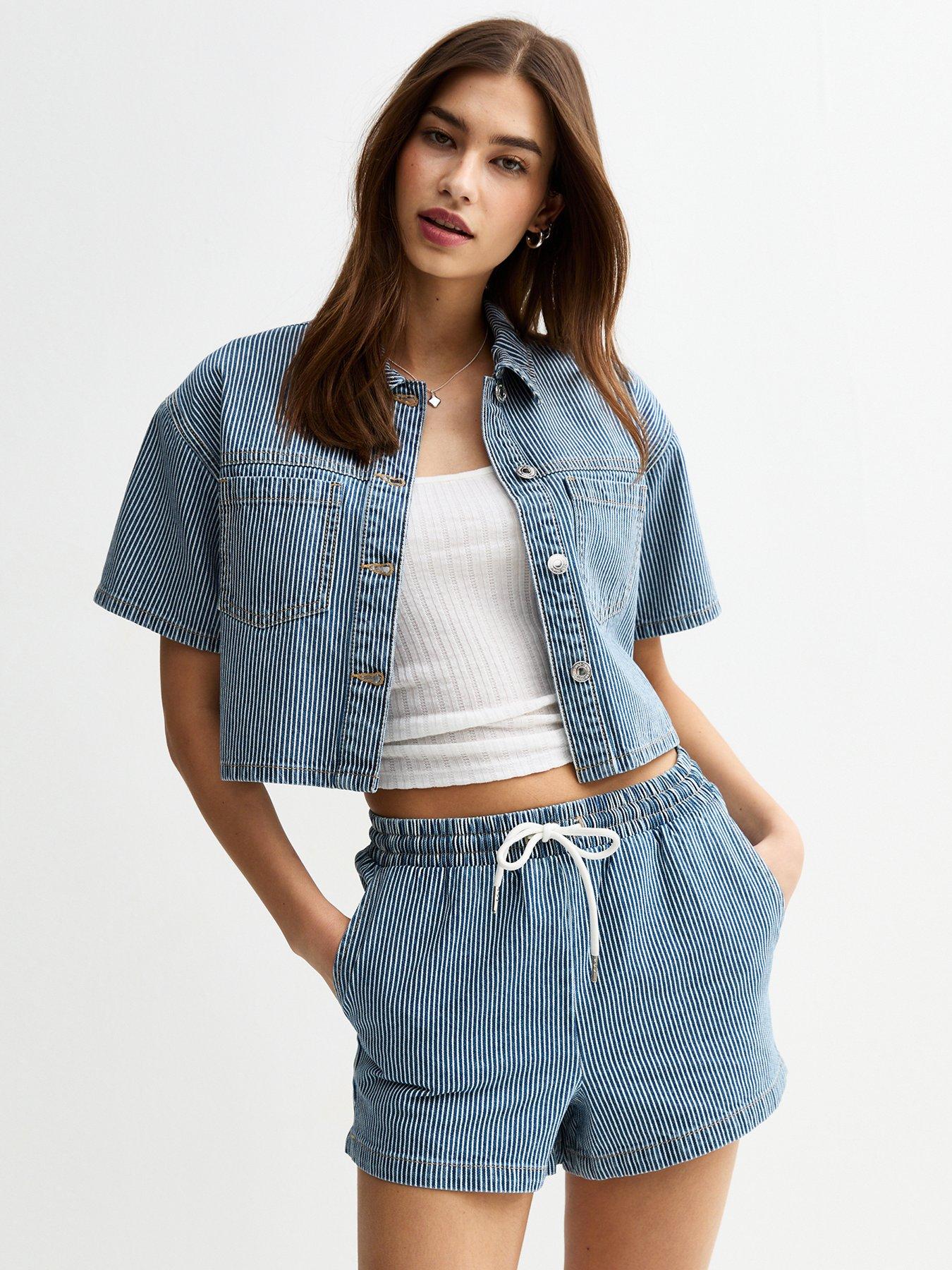 Image of New Look Striped Denim Boxy Shirt - Blue