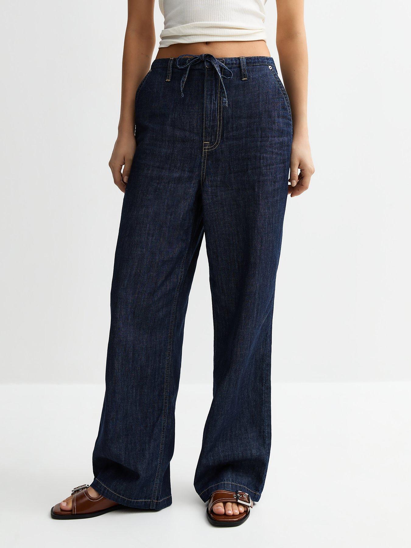 Image of New Look Navy Drawstring Waist Wide Leg Denim Trousers - Blue