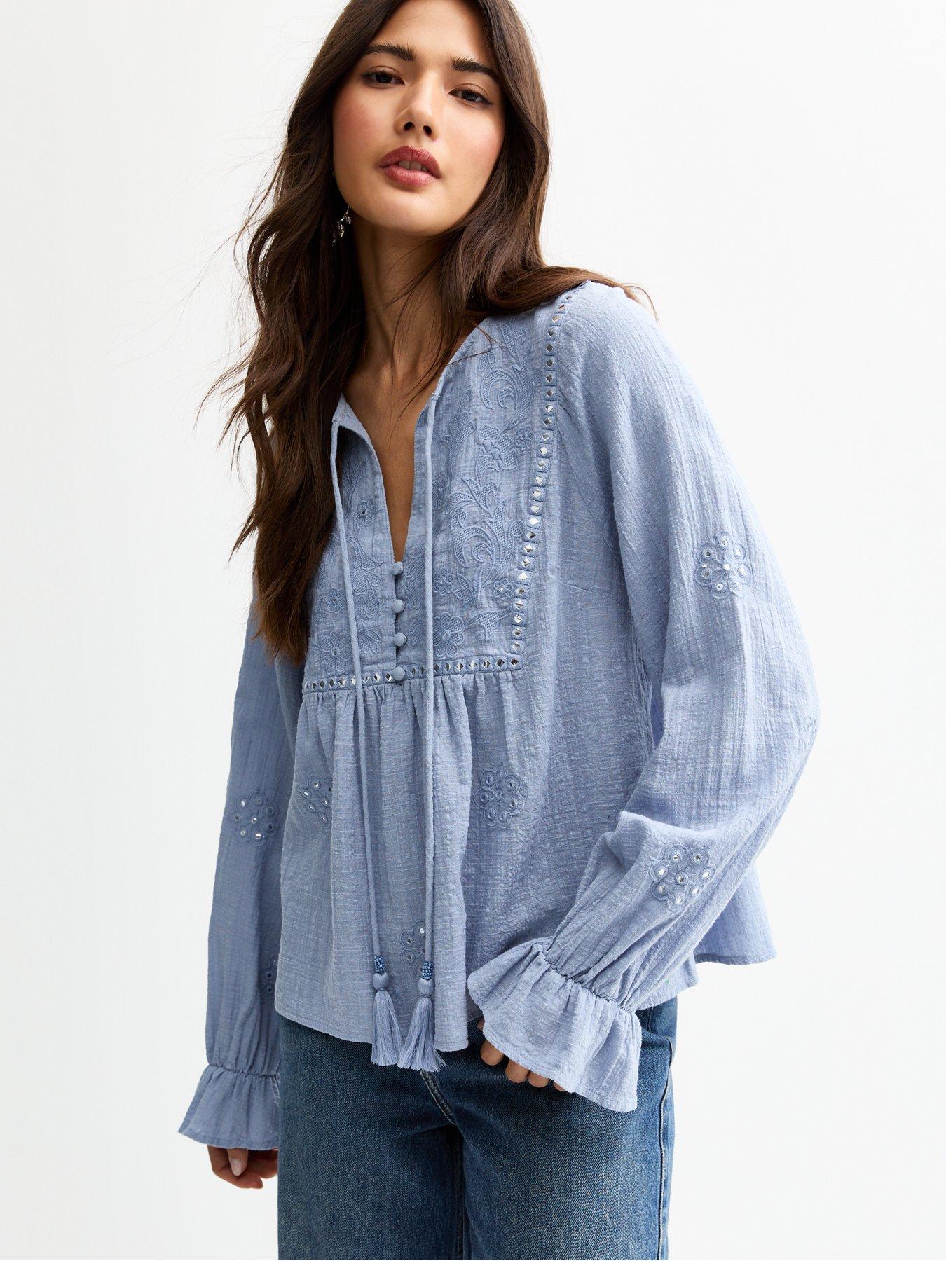 Image of New Look Floral Mirror Embroidered Tie Neck Blouse - Blue