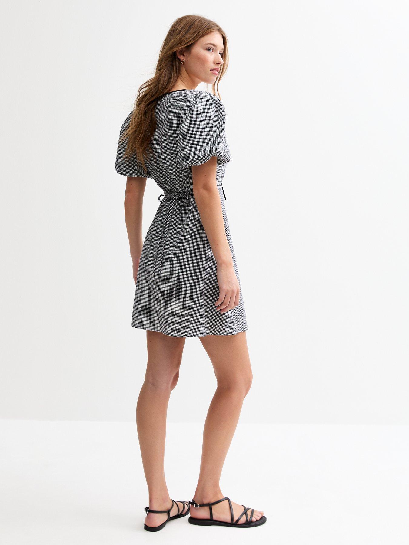 new-look-gingham-tie-neck-mini-dress-blackstillFront