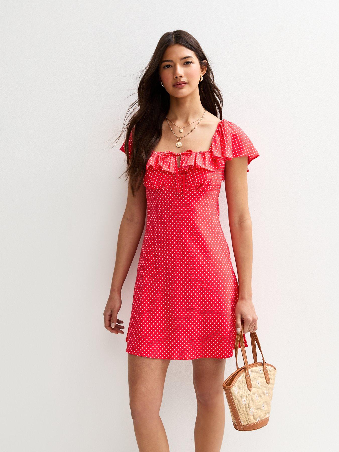 Image of New Look Polkadot Print Frill Trim Mini Dress - Red