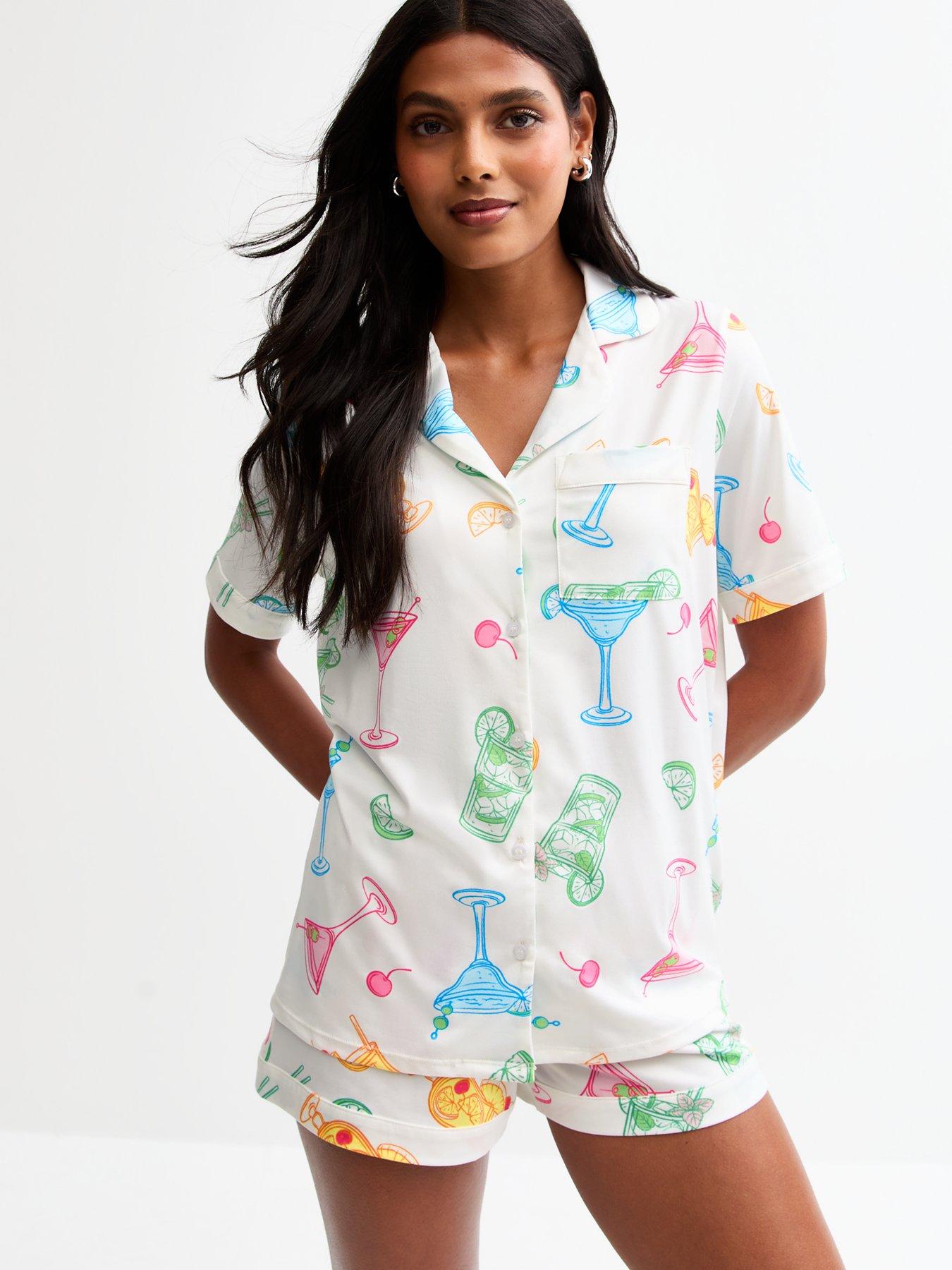 Image of New Look White Cocktail Print Shirt And Shorts Pyjama Set