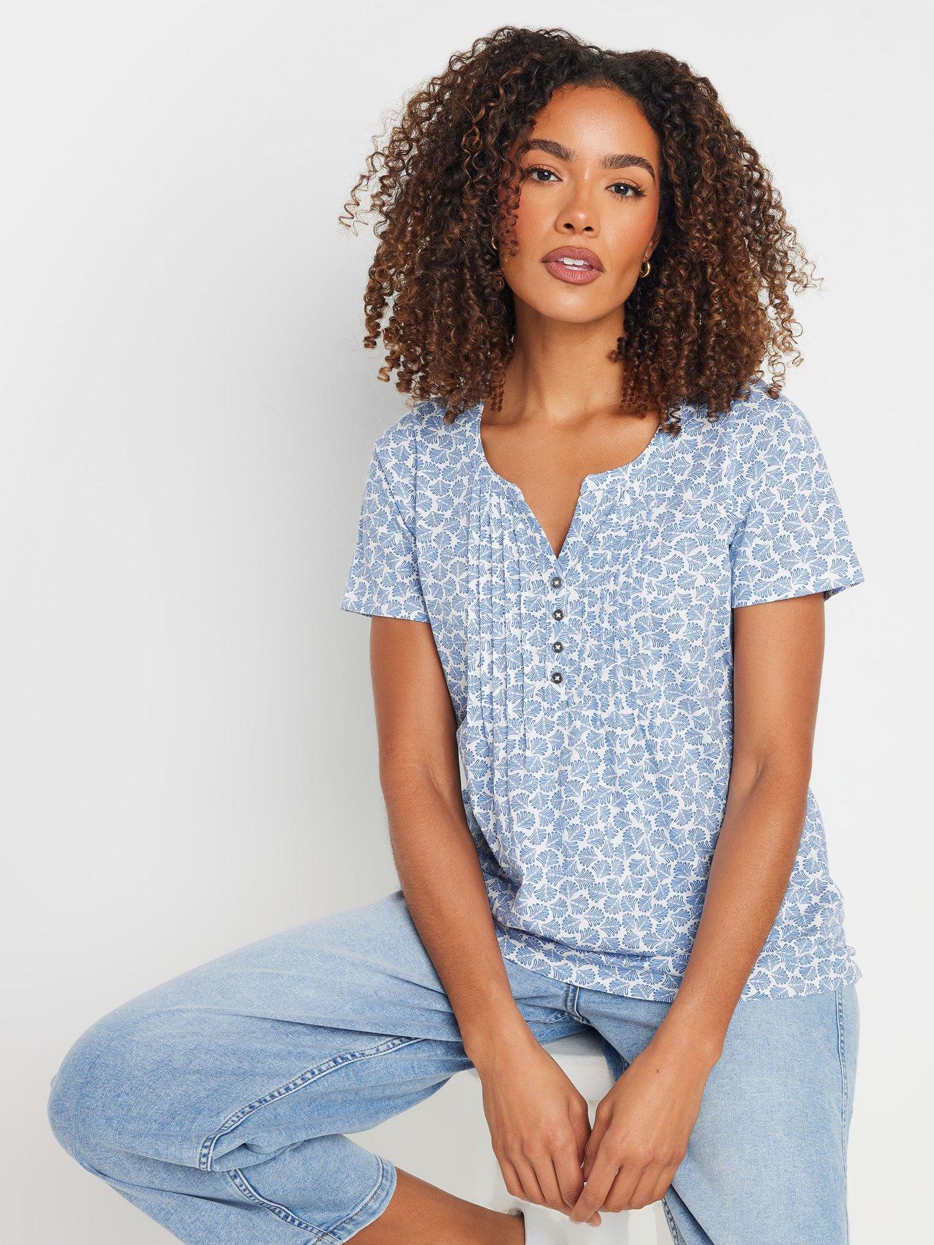 undefined Short Sleeve Cotton Henley Top - Blue