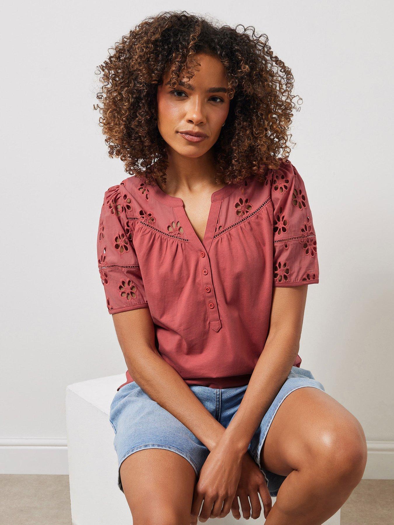 Image of M&Co Woven Broderie Sleeve T-Shirt - Pink
