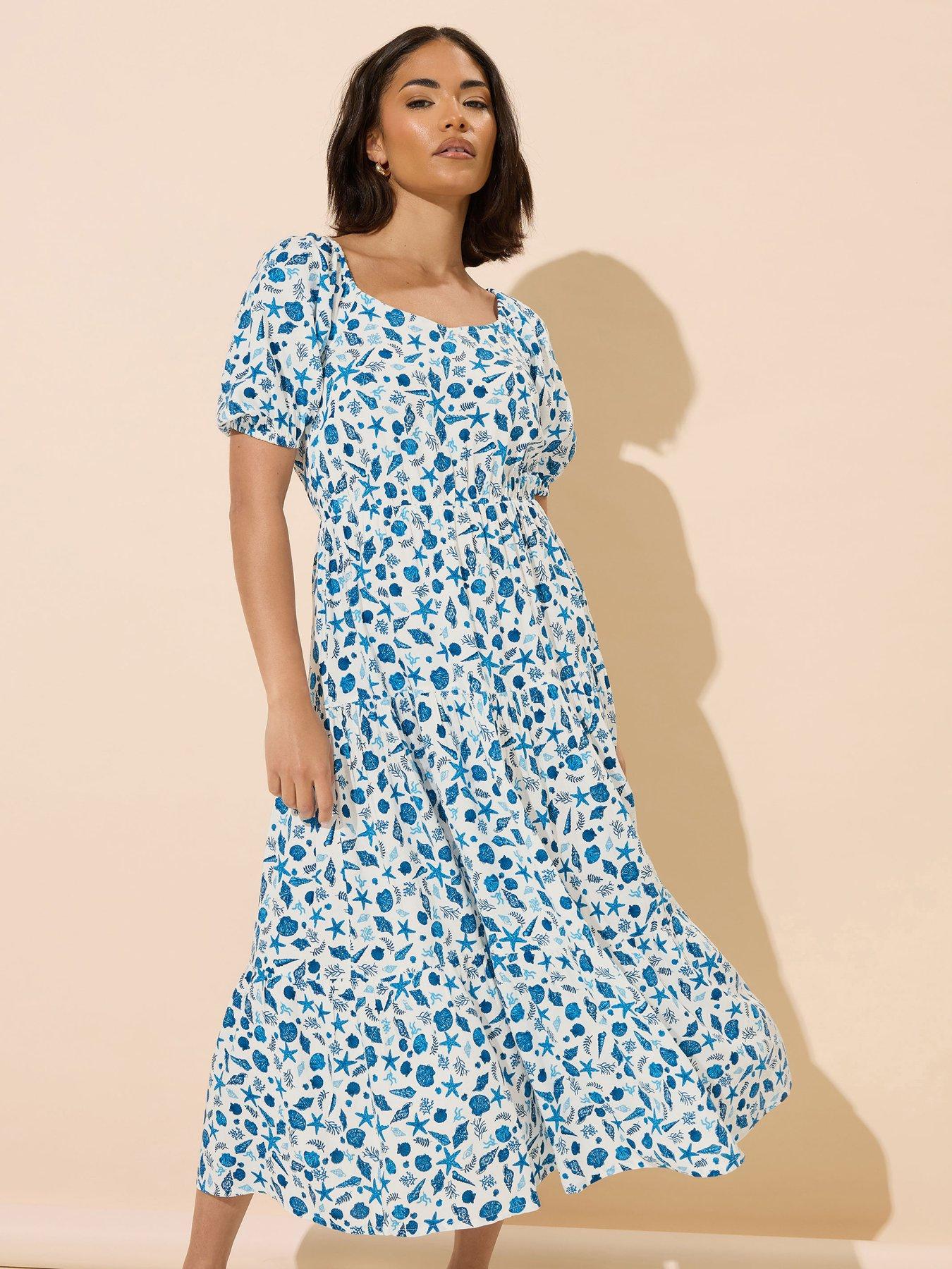undefined Petite Puff Sleeve Midi Dress - Blue