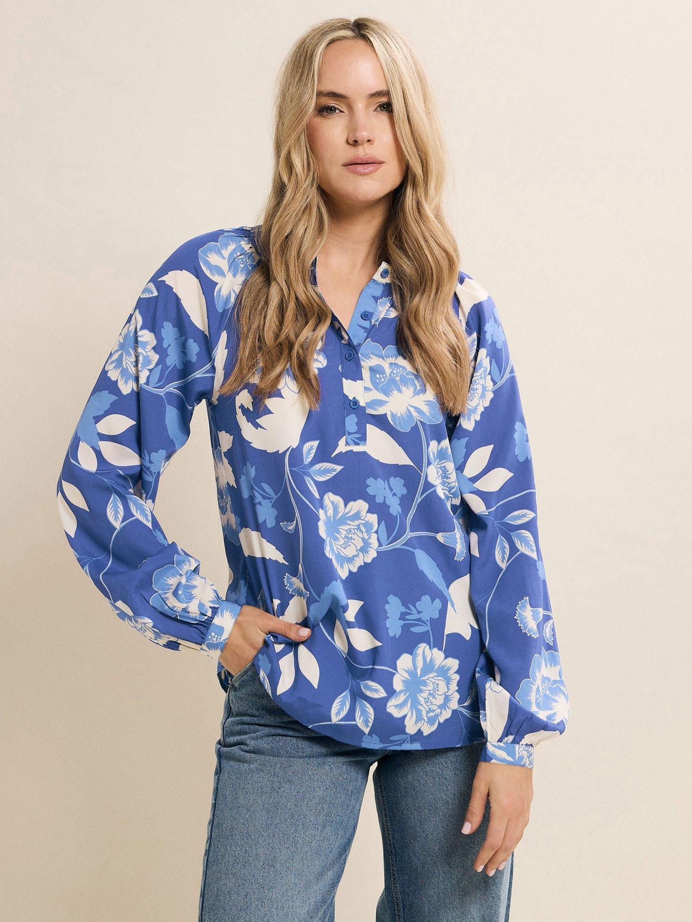 Image of Long Tall Sally Floral Half Button Shirt - Blue