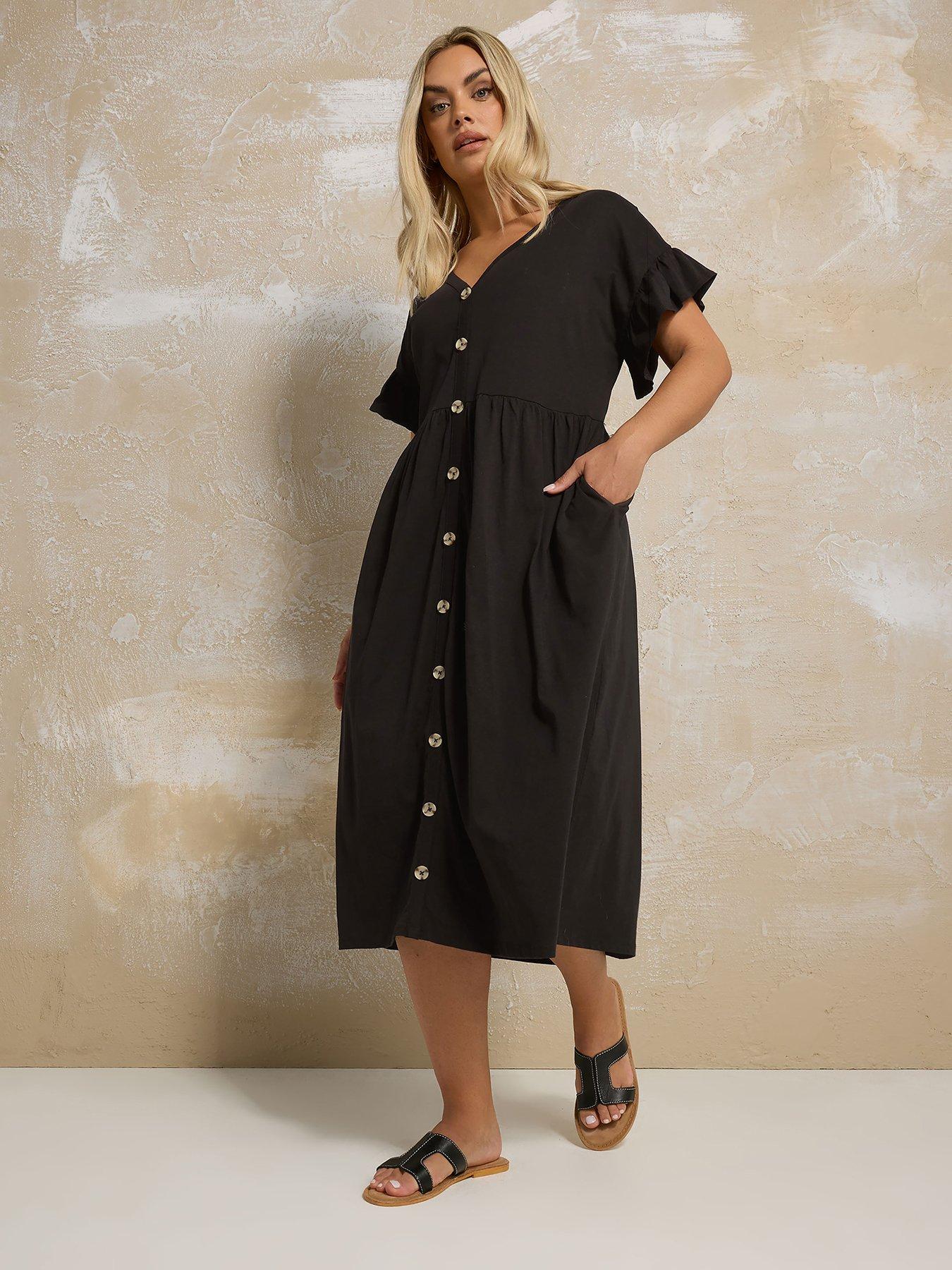 Yours Curve Frill Sleeve Button Peplum Dress - Black