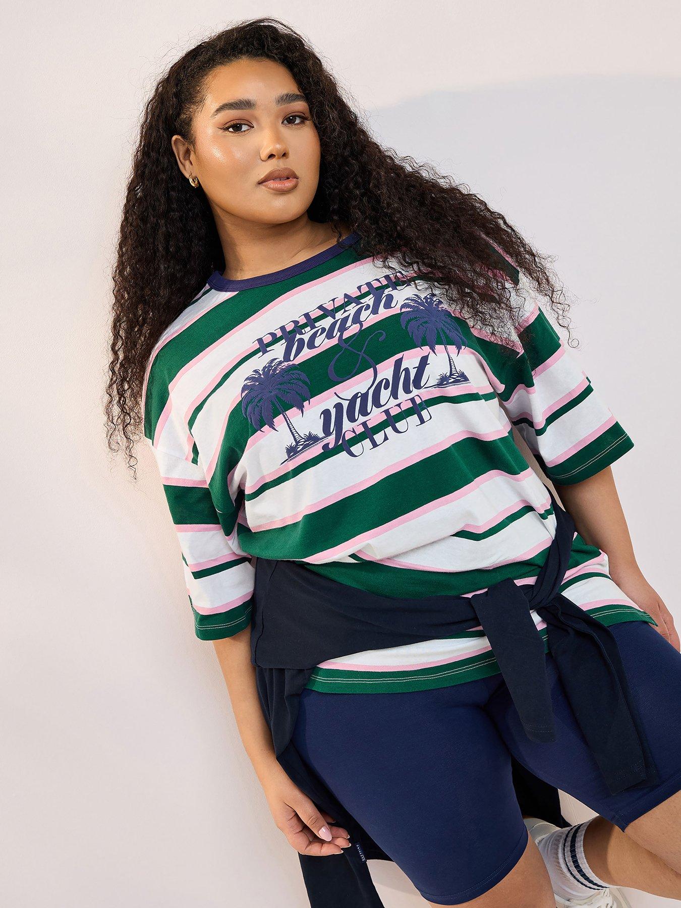 Image 1 of 4 of Yours Curve Contrast Neck Stripe Beach Top - Green