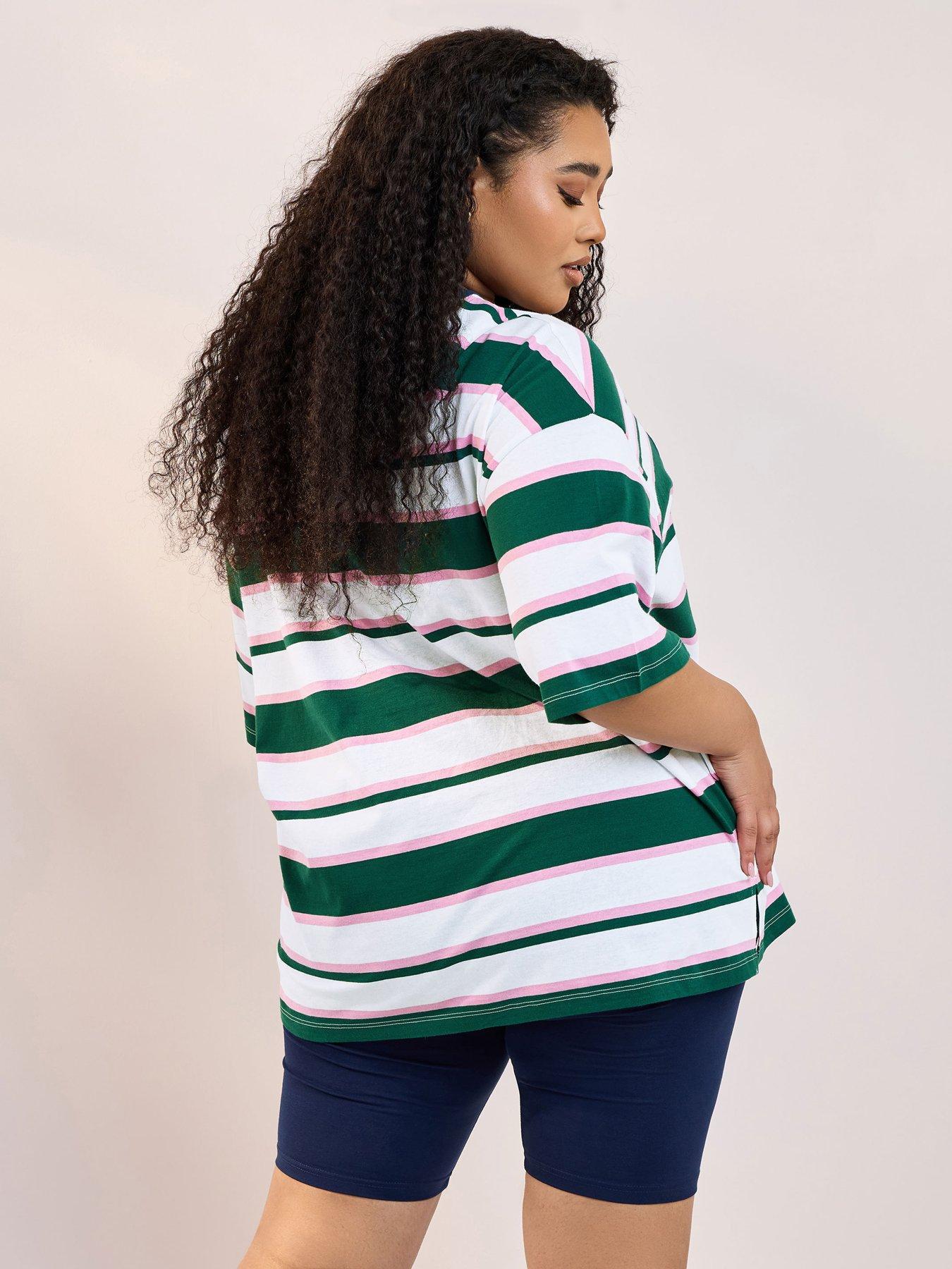 Image 2 of 4 of Yours Curve Contrast Neck Stripe Beach Top - Green