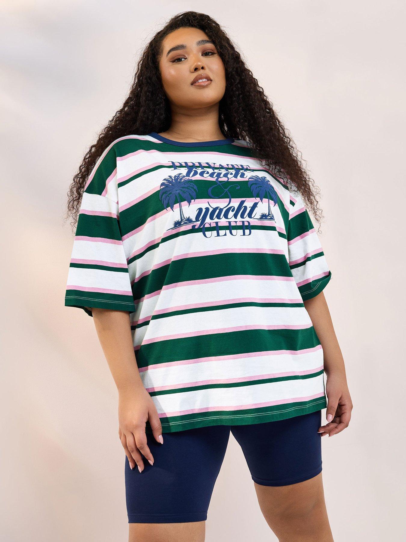 yours-curve-contrast-neck-stripe-beach-top-greenoutfit