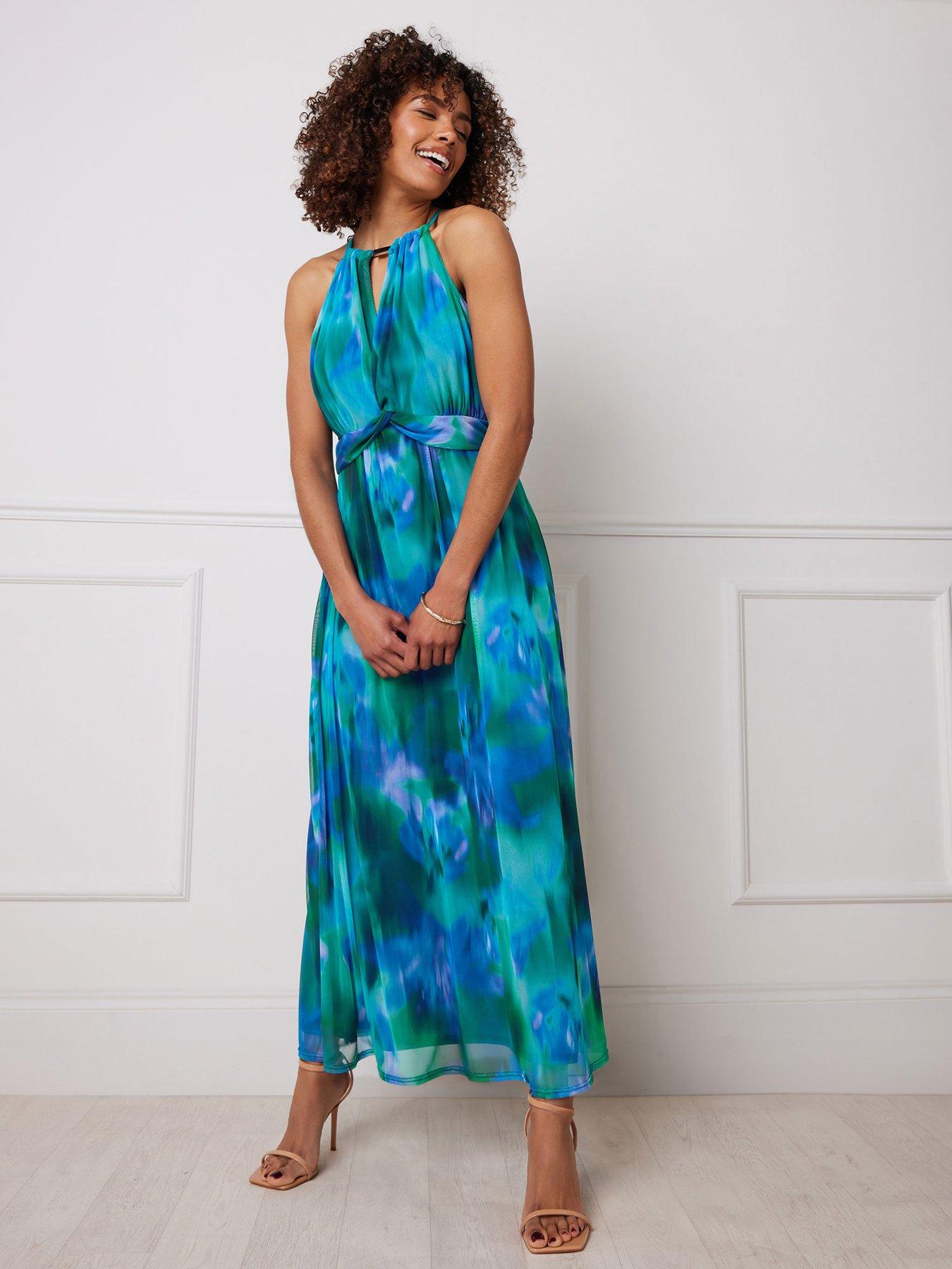 undefined Mesh Halter Maxi Dress - Blue