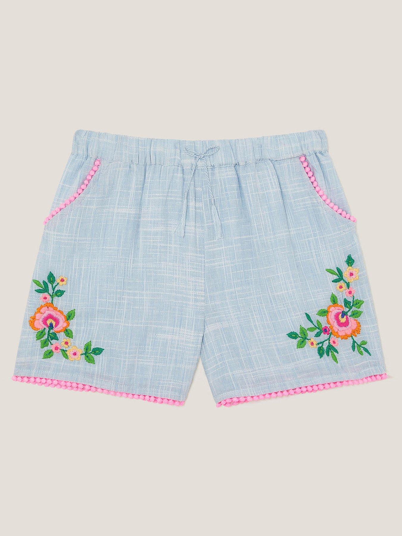 Image of Monsoon Girls Floral Embroidered Shorts - Blue