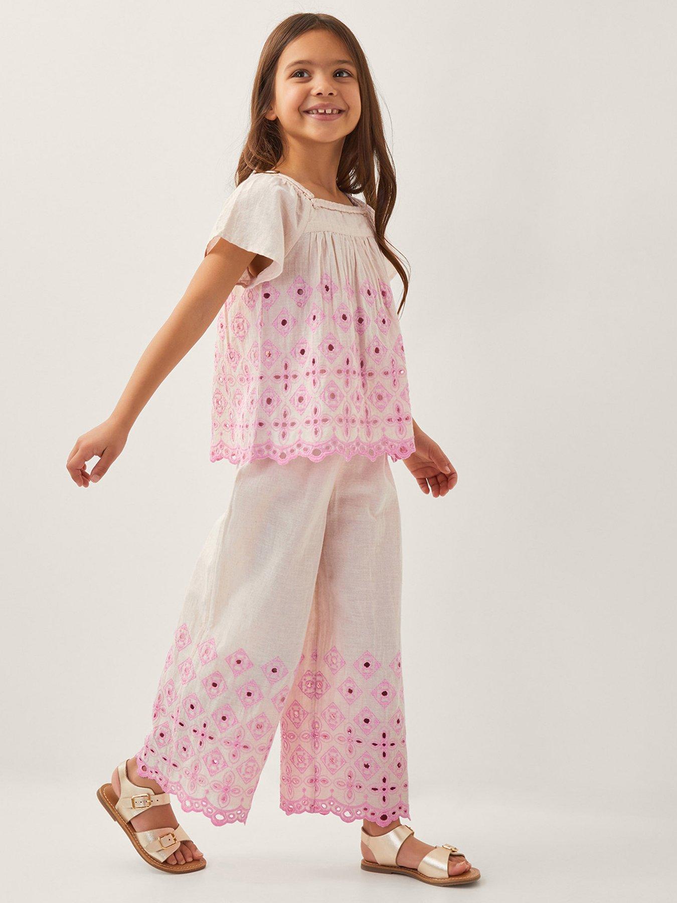 undefined Girls Broderie Wide Leg Trousers - Light Cream