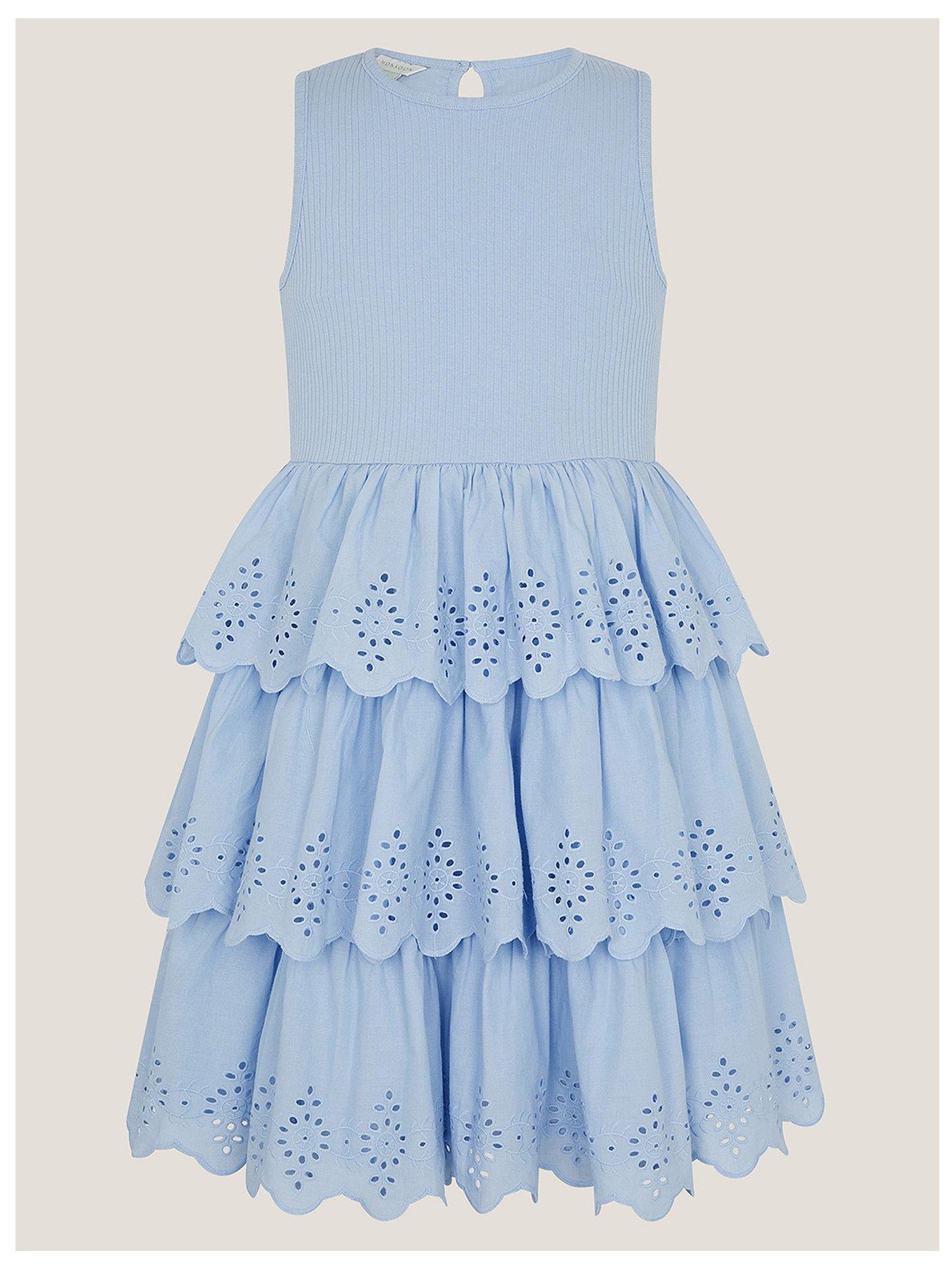 Image 1 of 4 of Monsoon Girls Rib 2 In 1 Broderie Skirt Dress - Blue