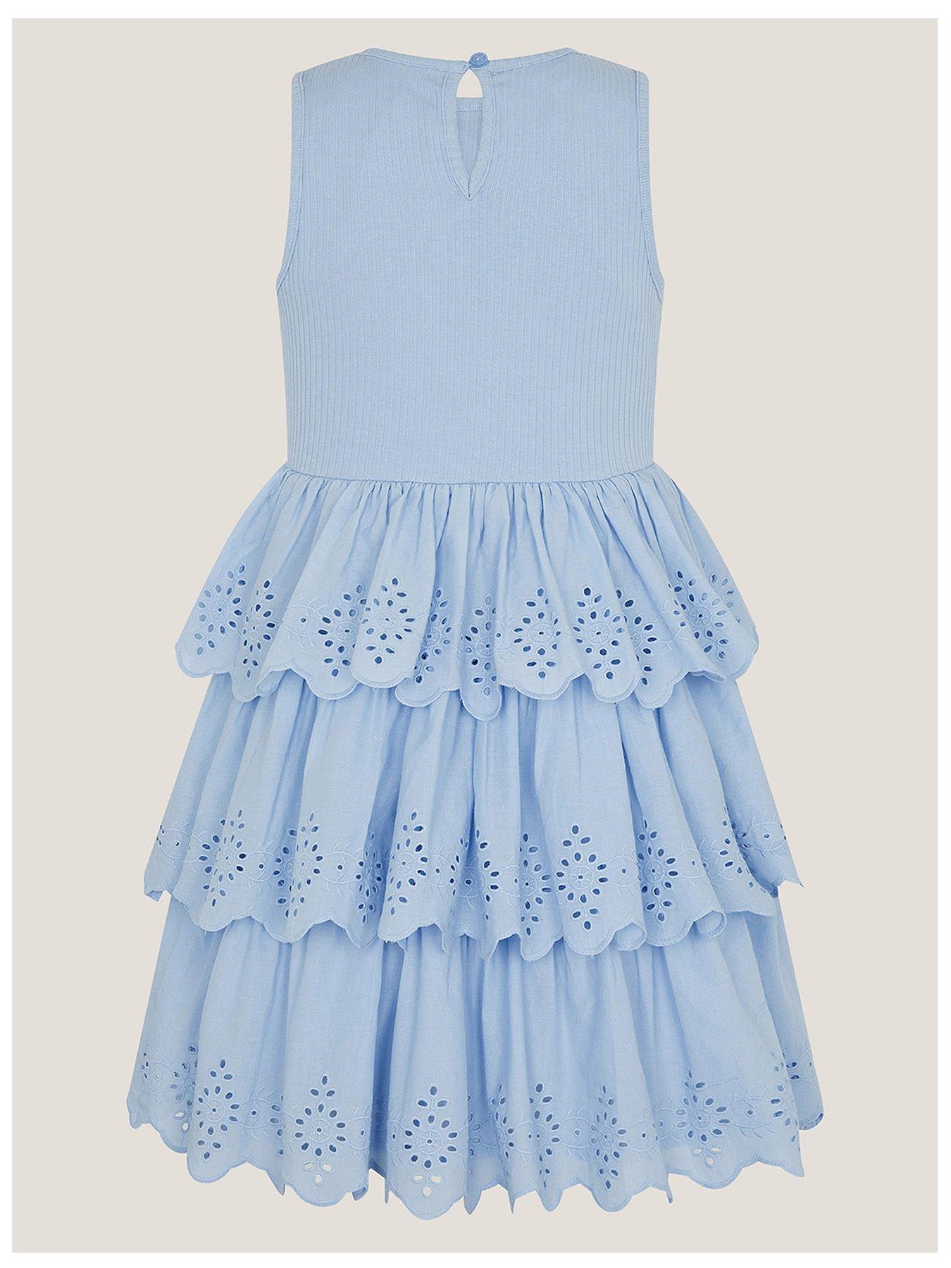 Image 3 of 4 of Monsoon Girls Rib 2 In 1 Broderie Skirt Dress - Blue