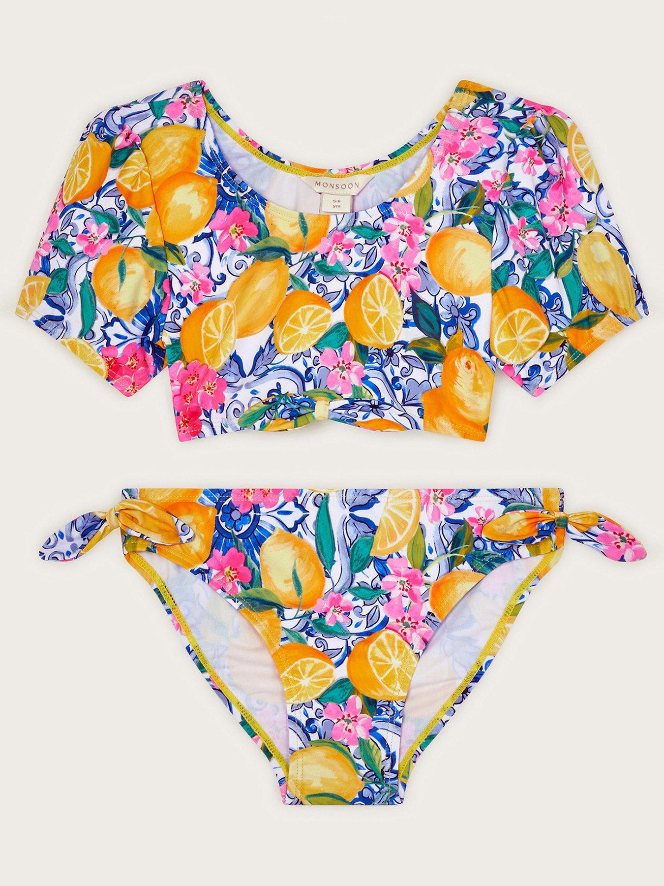 Image 1 of 3 of Monsoon Girls Lemon Print Short Sleeve Bikini Set - Light Yellow