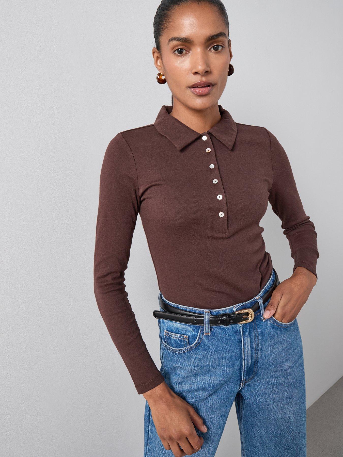 The Very Collection Long Sleeve Button Collar Top - Brown