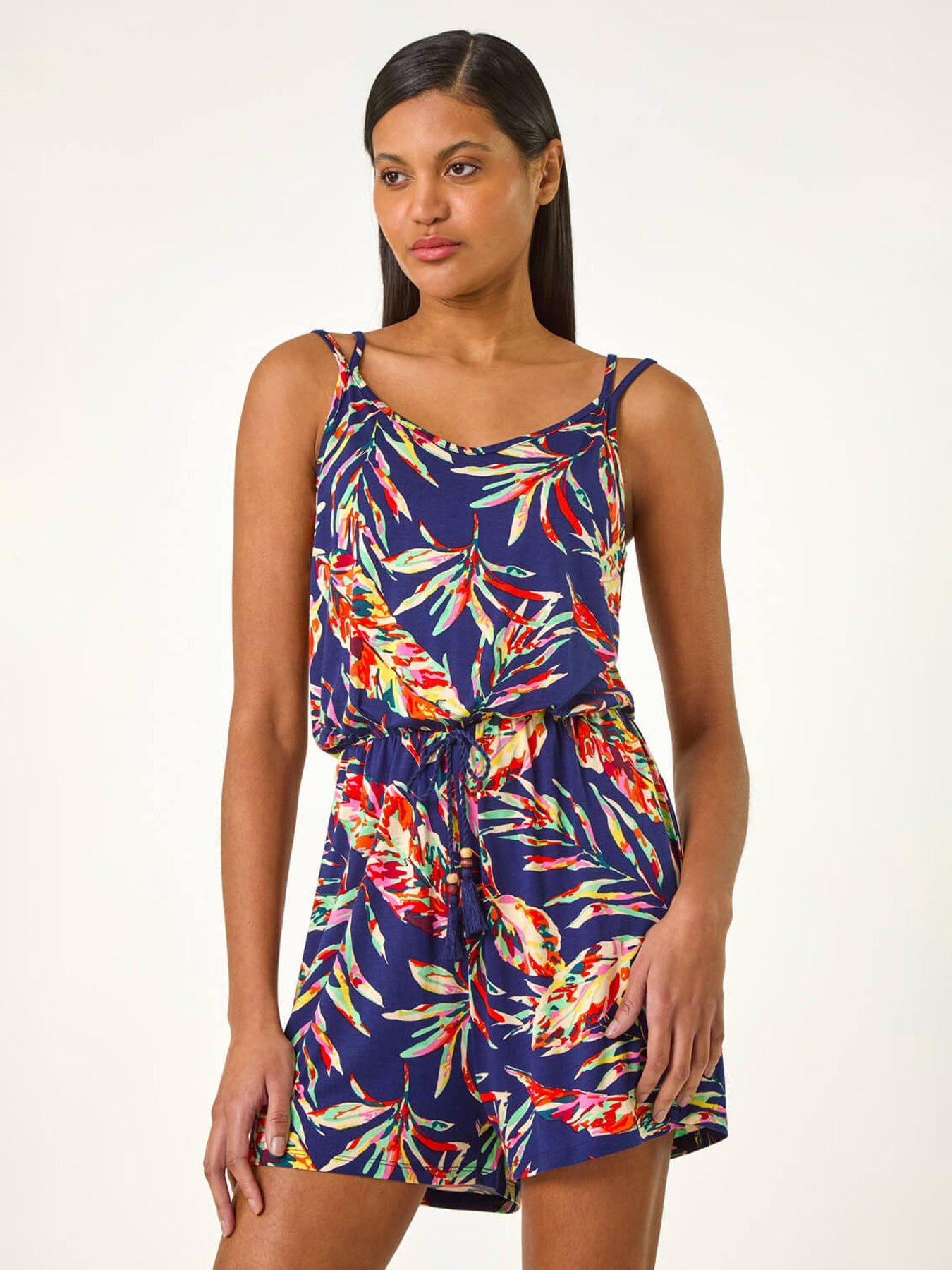 Image 3 of 5 of Roman Multi Leaf Print Tie Playsuit - Navy