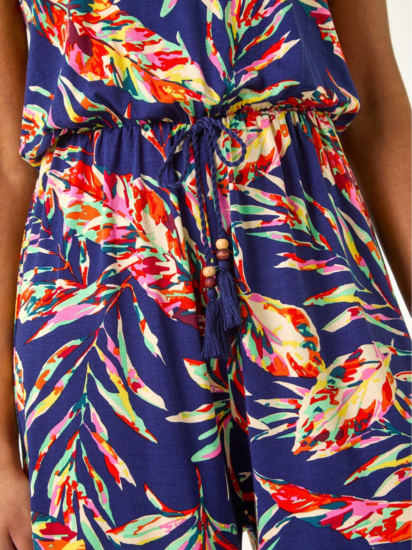 Image 5 of 5 of Roman Multi Leaf Print Tie Playsuit - Navy