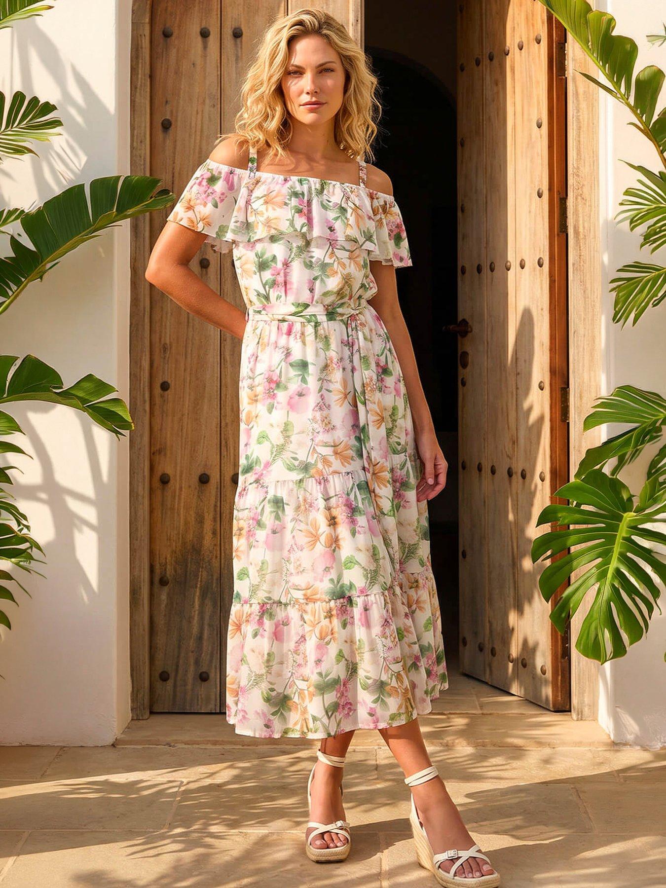 Roman Floral Print Bardot Midi Dress - Cream