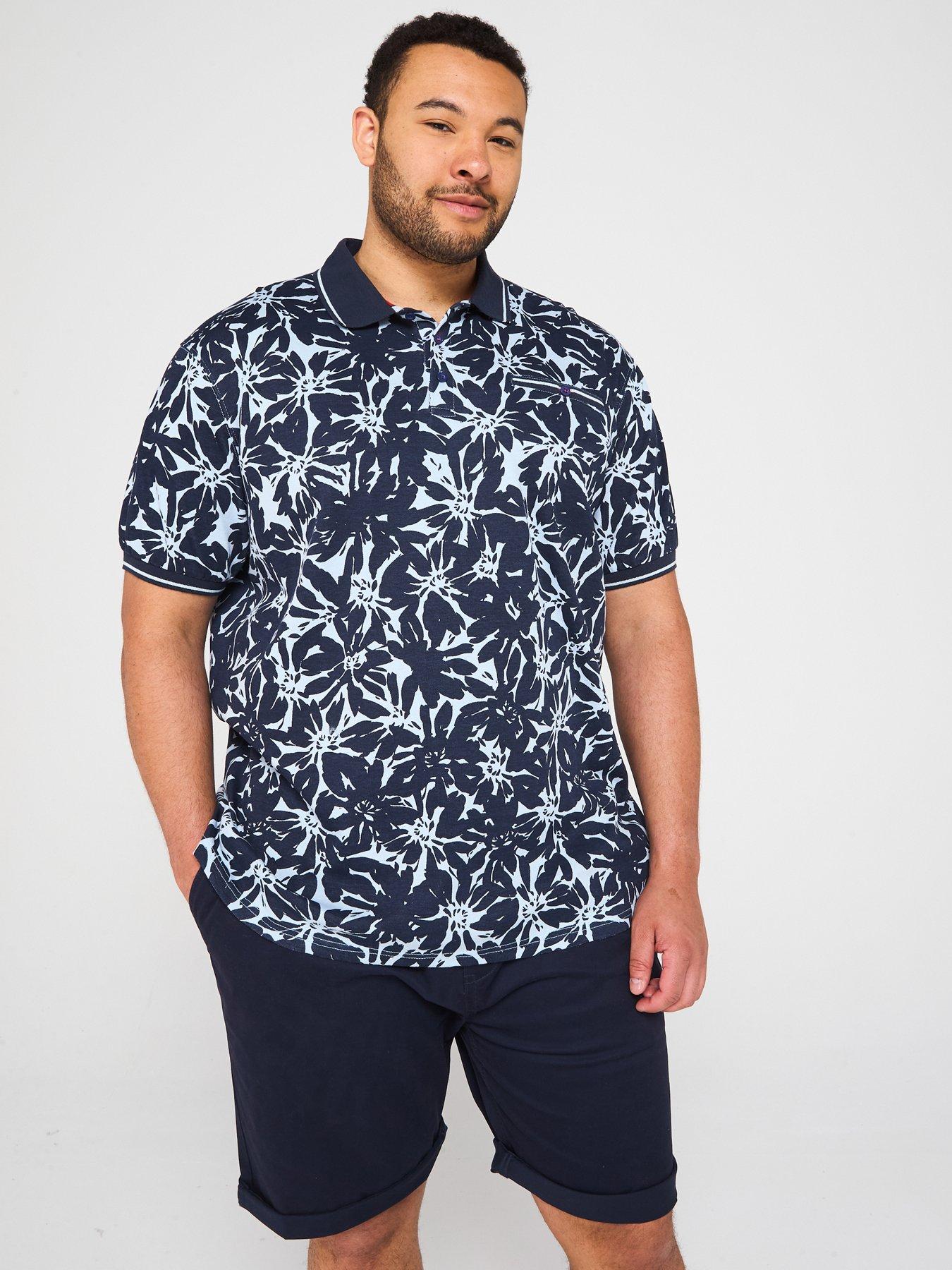 Image of D555 Hawaiian Print Short Sleeve Polo Shirt - Blue