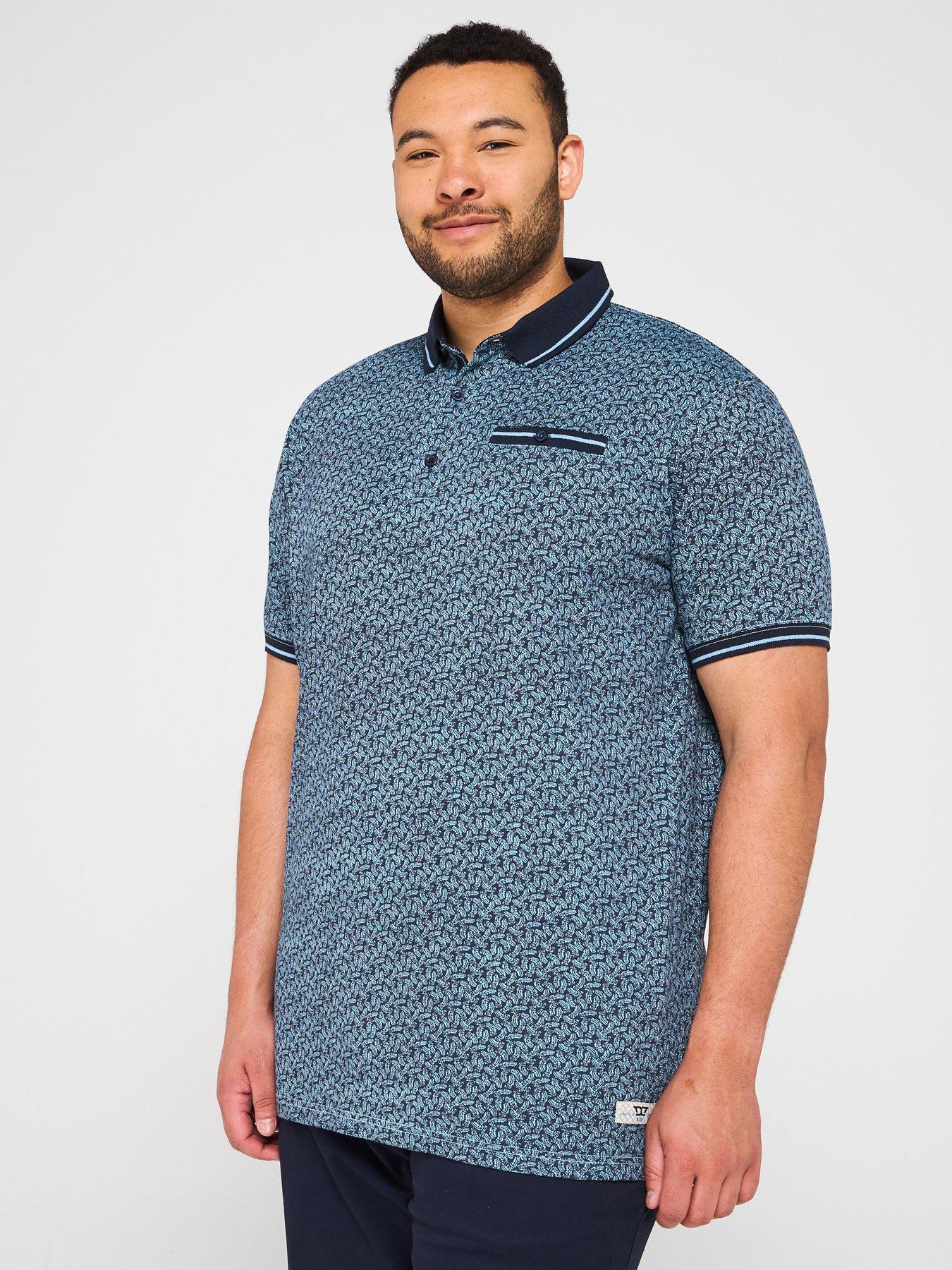 Image 1 of 4 of D555 Printed Polo Shirt With Ribbed Collar - Blue