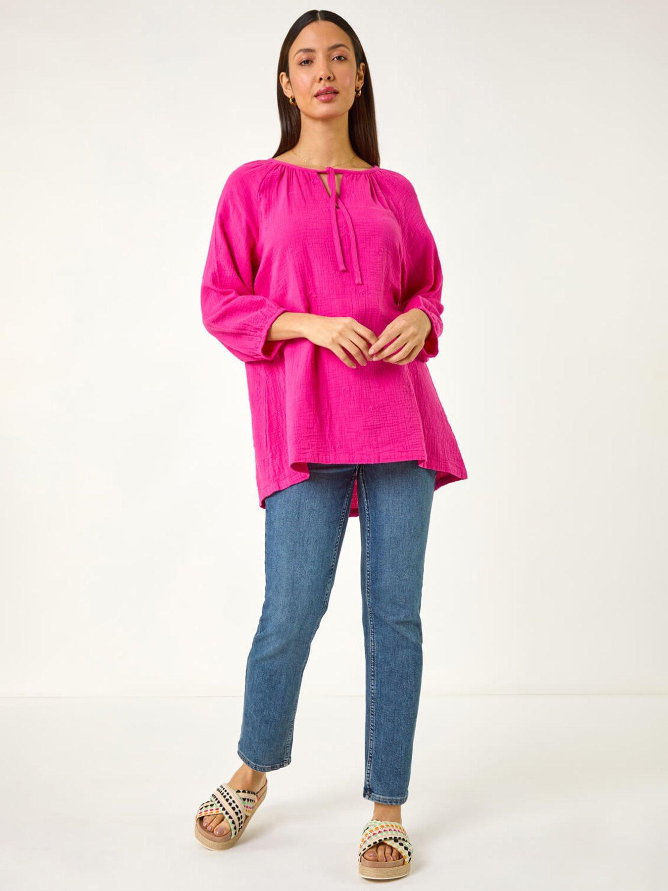 Image 3 of 5 of Roman Tie Neck Tunic Top - Cerise