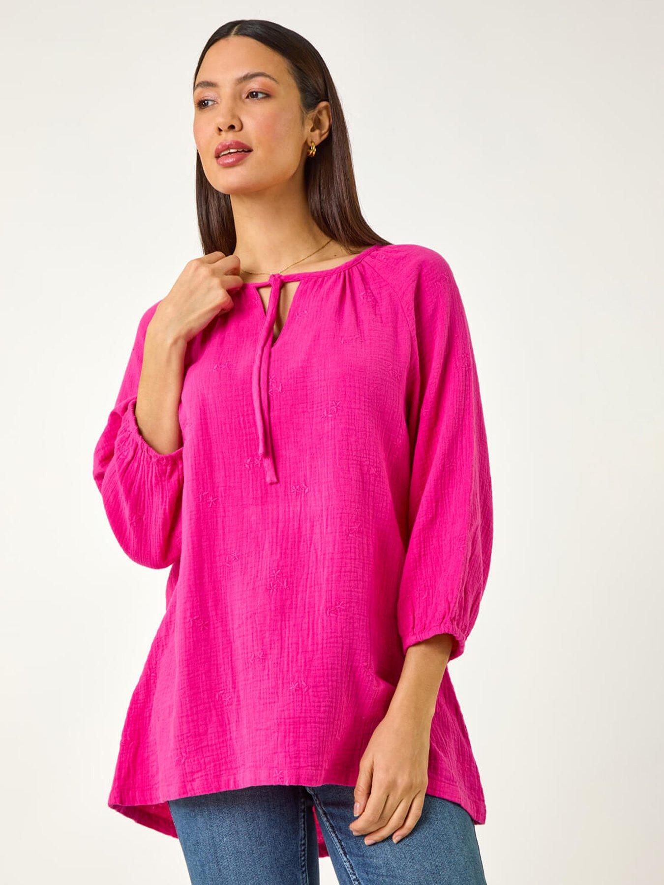 Image 4 of 5 of Roman Tie Neck Tunic Top - Cerise