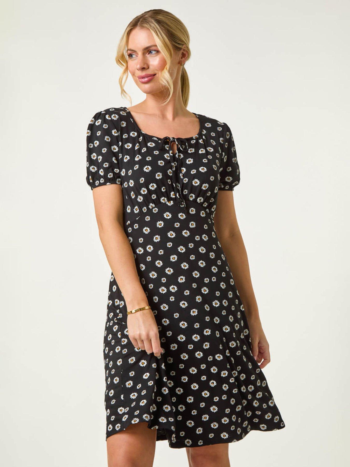 Roman Petite Ditsy Floral Tie Detail Dress - Black