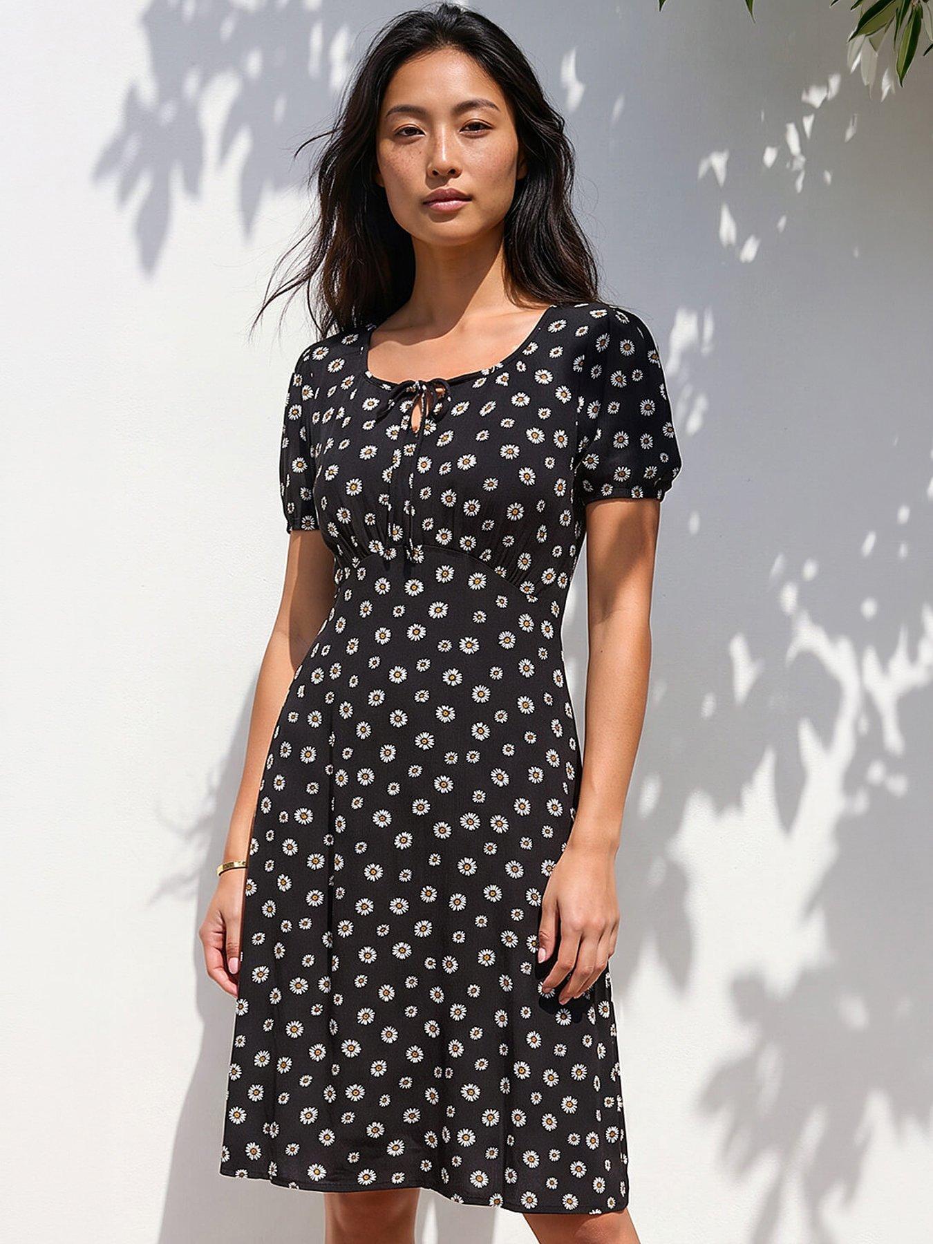 Roman Petite Ditsy Floral Tie Detail Dress - Black