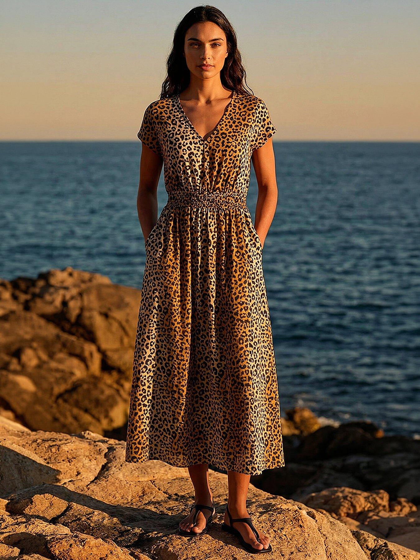 Roman Animal Print Shirred Waist Maxi Dress - Camel