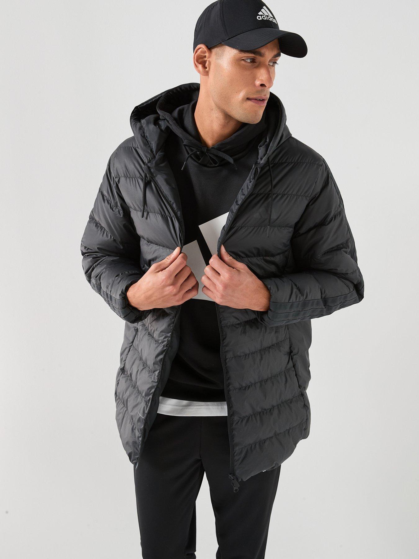 adidas Sportswear Men's Essentials Climawarm 3 Stripes Light Down Hooded Parkas - Black
