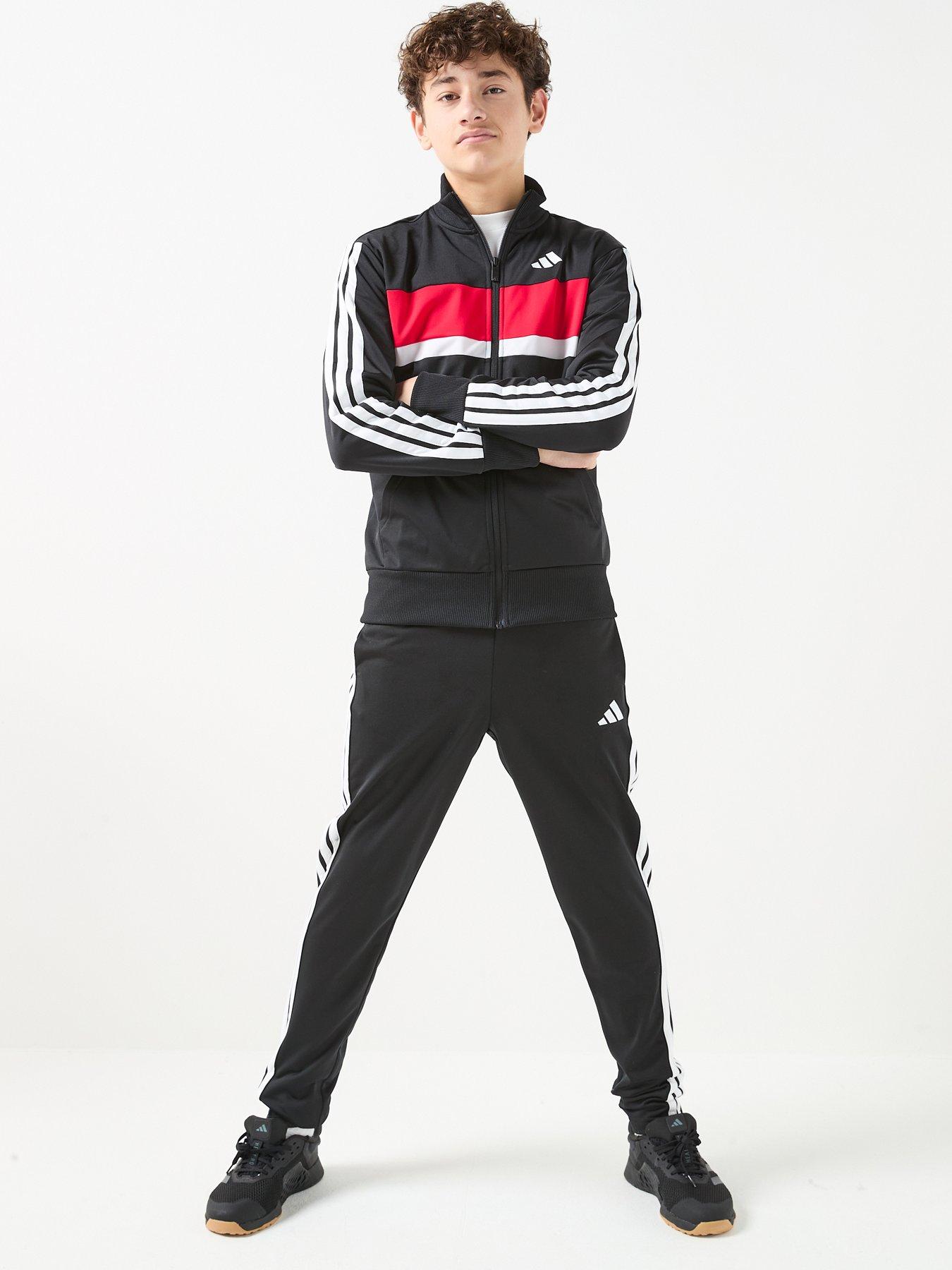 Adidas Sportswear Junior Boys Seasonal Essentials Tiberio 3-Stripes Tricot Tracksuit -Black in Black/White/Pure Ruby