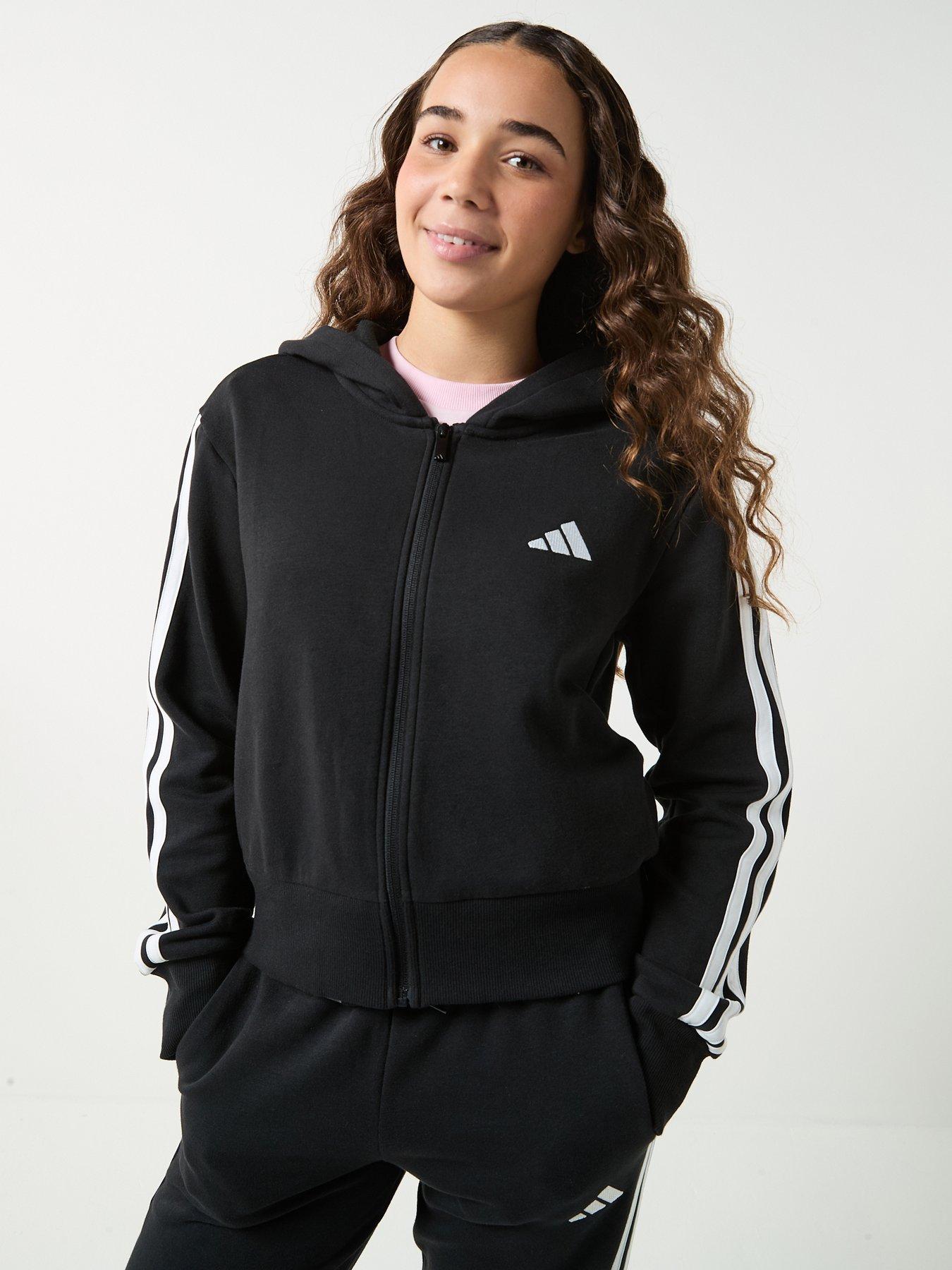 Adidas Sportswear Junior Girls Fleece Hoodie And Pant Tracksuit- Black in Black/White